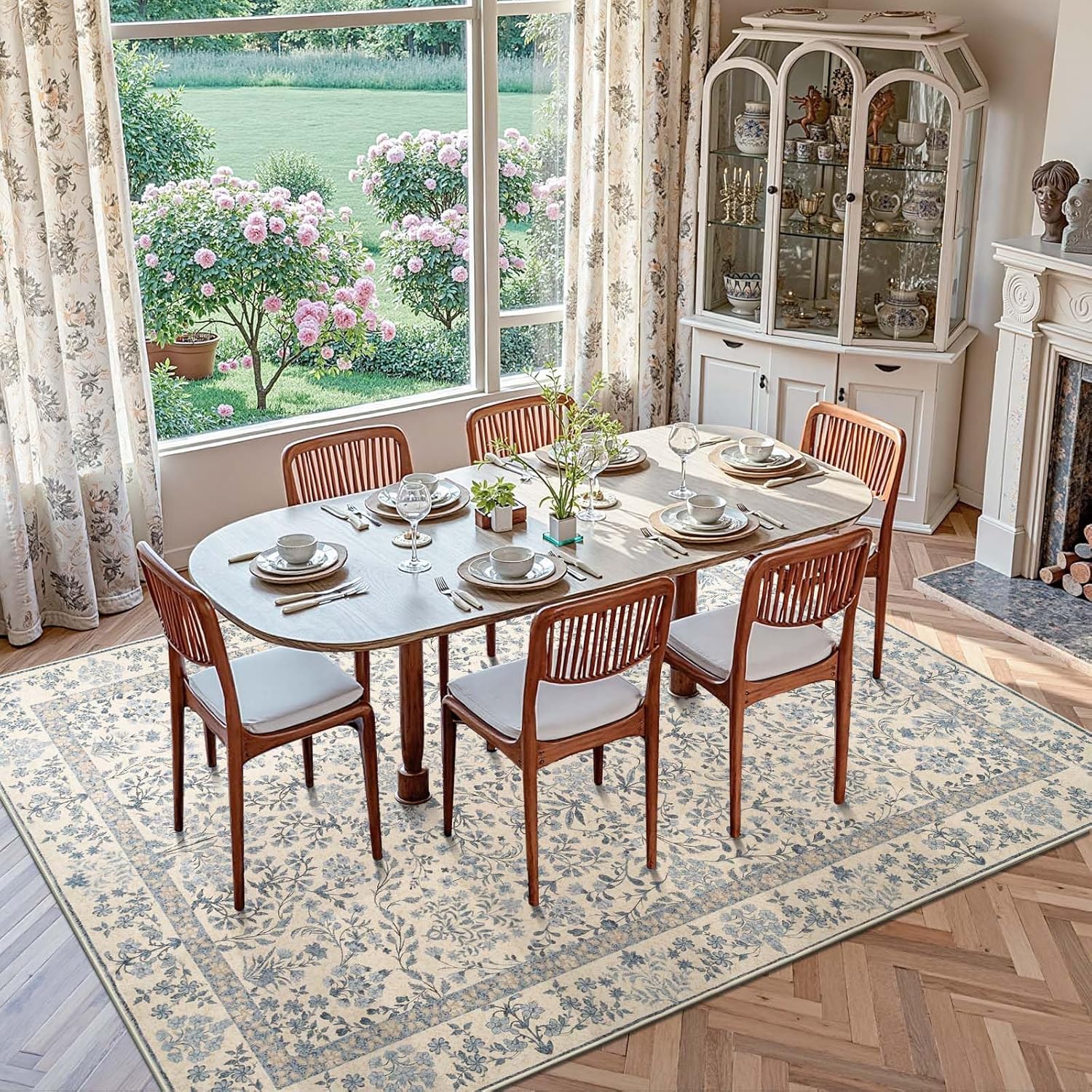 jinchan Zenith Floral 8x10 Area Rug Soft Low-Pile Living Room Rug Machine Washable Non-Slip Vintage Botanical Aesthetic Throw Carpet for Dining Room Bedroom Nursery Blue/Cream