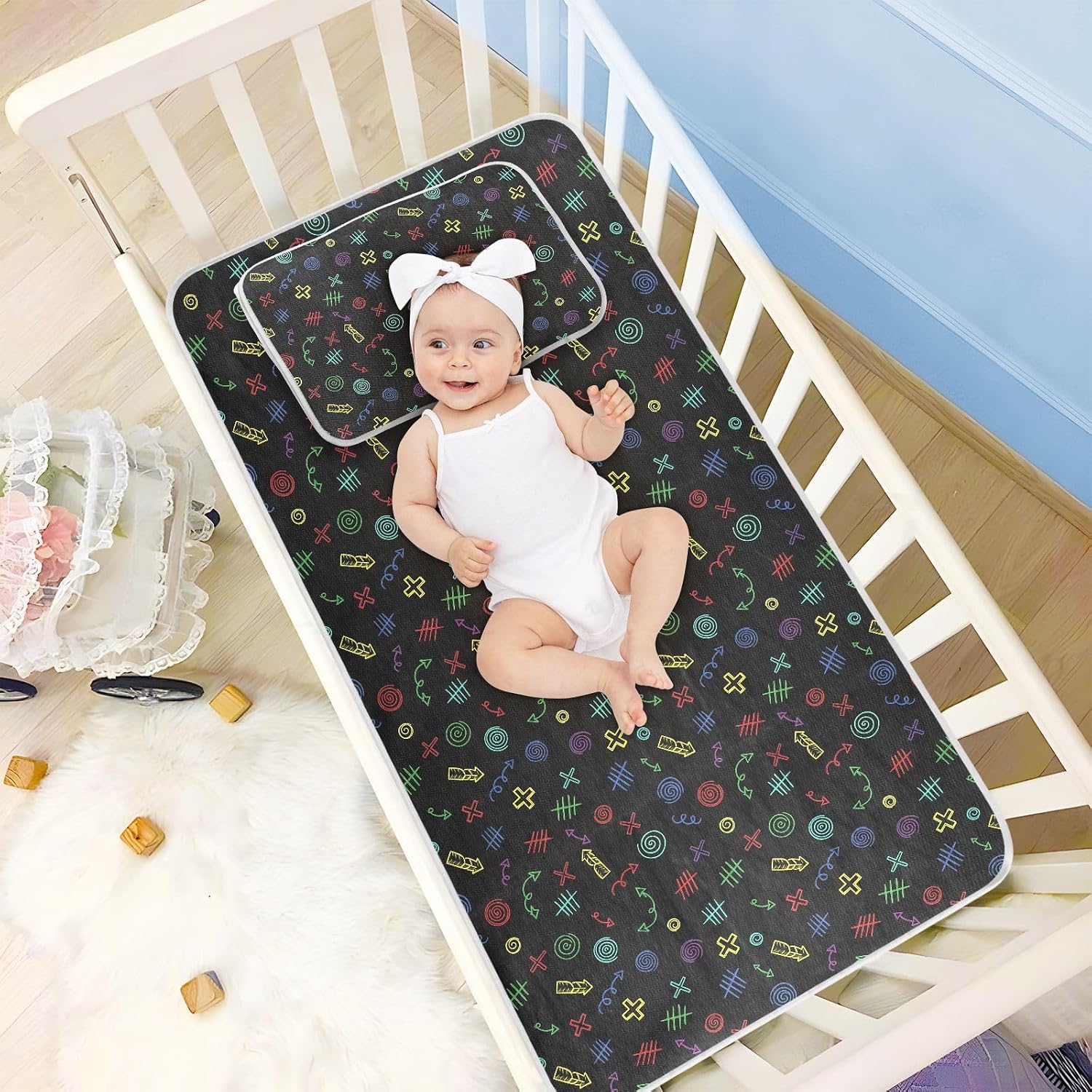 Baby Cooling Mat Colorful Doodle Pattern Ice Silk Breathable Mesh Summer Crib Mattress Pad with Pillowcase, Soft Cooling Sleeping Surface for Infant & Toddler, 52"x28"