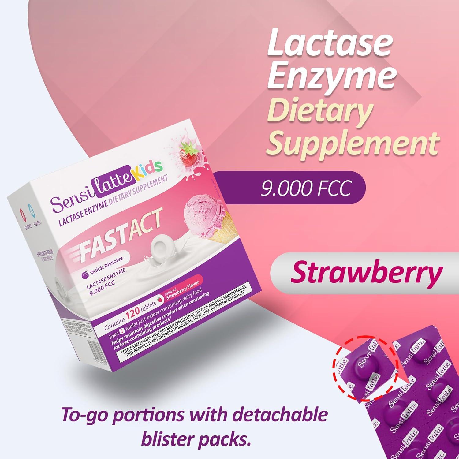 Lactase Enzyme 120 Tablets Strawberry - 9,000 FCC - Dietary Supplement - Quick Results for Dairy Ingestion, Fast Act Quick Dissolve in Your Mouth - SENSILATTE
