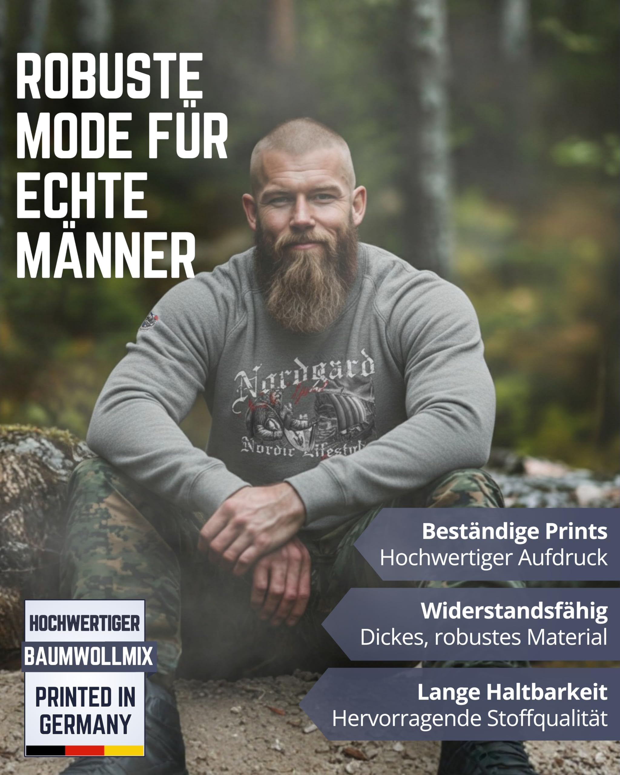 NORDGARD Viking Sweatshirt Hornung in Grau & Schwarz I Pulli aus 80% Baumwolle & 20% Polyester I Wikinger-Sweater mit Brustdruck I Ideal für Freizeit & Sport I Oeko-TEX Zertifiziert