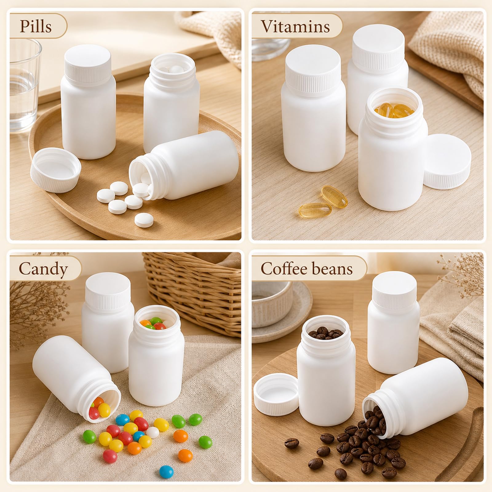 Lot de 80 flacons vides de 50 ml avec bouchons en polyéthylène haute densité à large goulot pour vitamines, capsules, rangement de voyage - Blanc