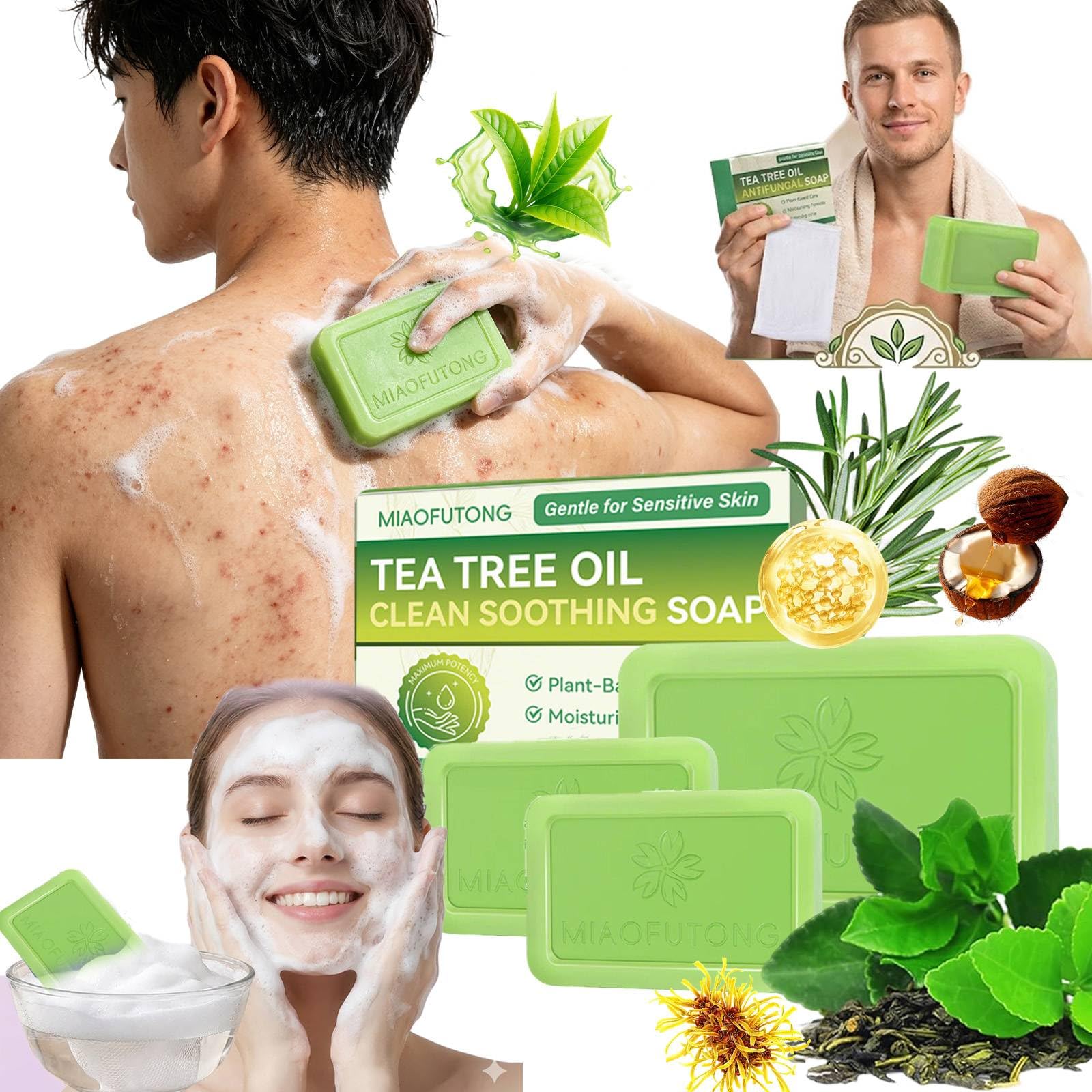 Ytdzinoi Men's Tea Tree Antifungal Soap Oil Soap For Face & Body, Relief Soap Bar, Natural Bath Soaps Removes Sweat And Odor, Deep Cleansing Defense Bar For Relieves Itch Suitable For Daily Use To Refresh Skin