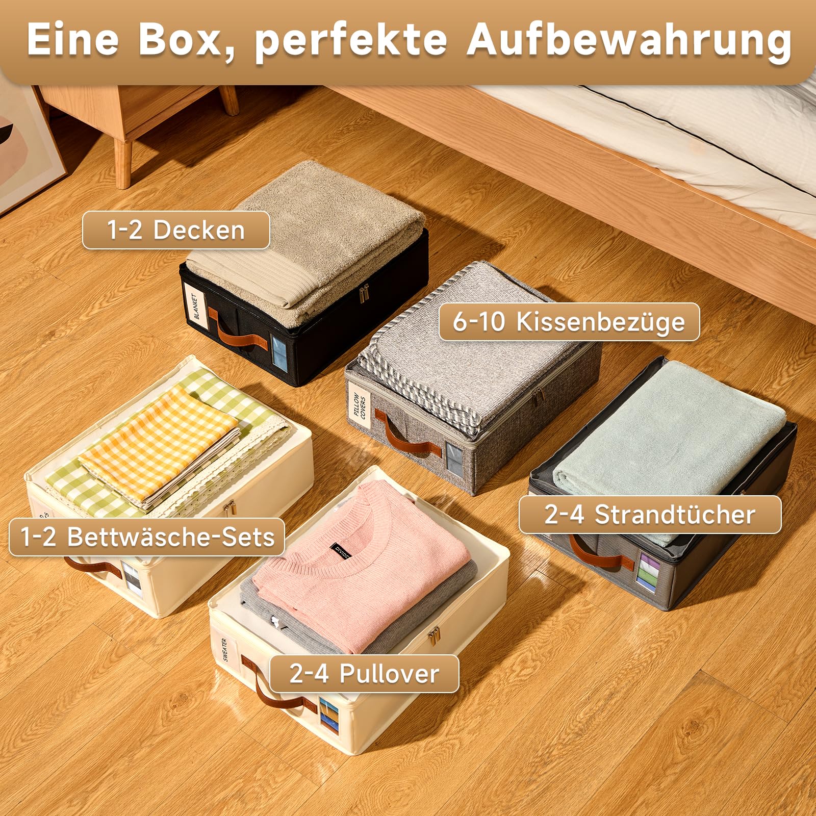 Bettwäsche-Organizer 8er Pack – Insektendichte Aufbewahrungsbox mit Reißverschluss, Etikett, Griff, Fenster – Schrankorganizer für Bettlaken, Kleidung, Bettdeckenbezüge, Spielzeug