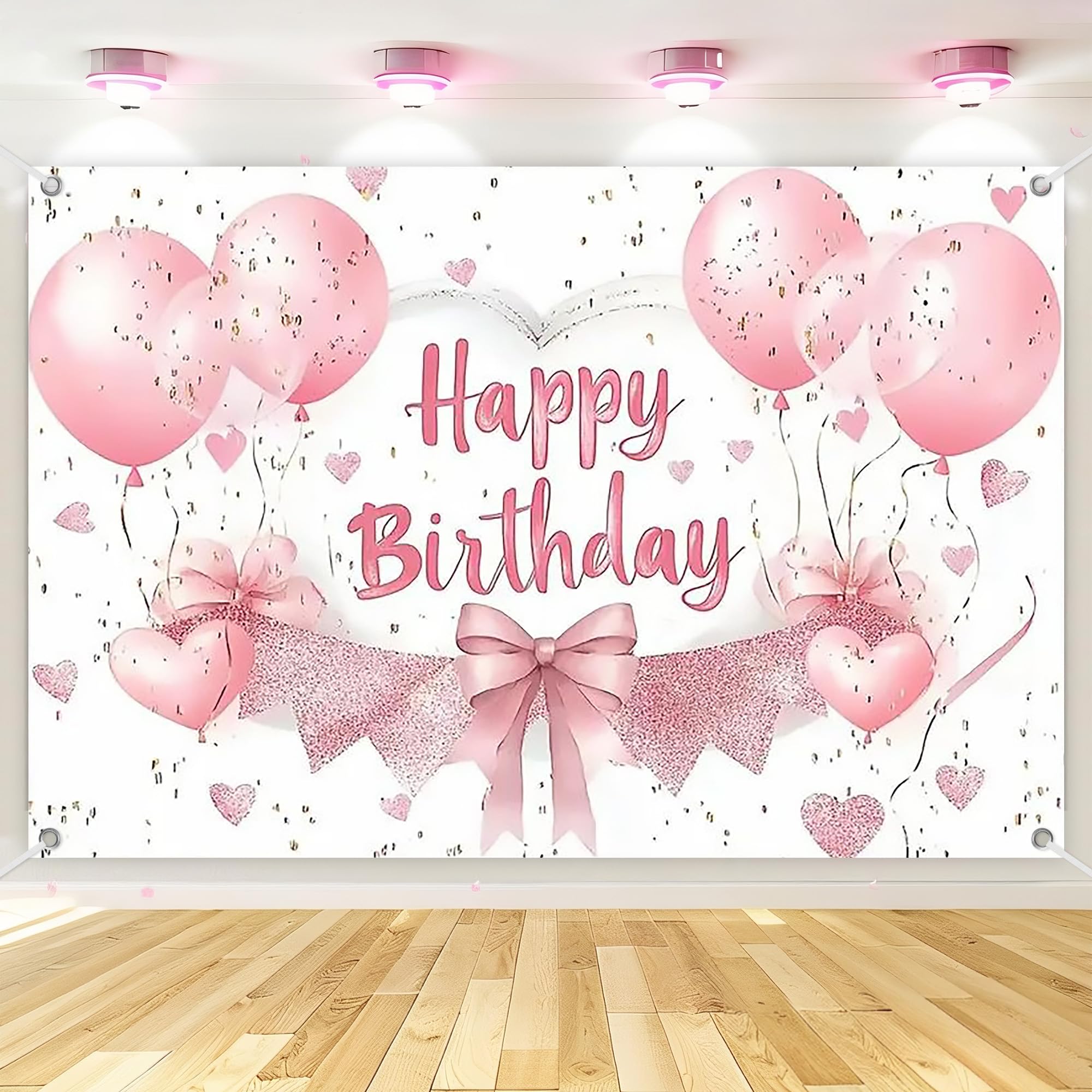 Pink Bow Happy Birthday Backdrop, Bow Happy Birthday Banner Decorations, Fabric Photo Background Decor Sign for Girls Women Bachelorette Party Baby Shower Decoration Background