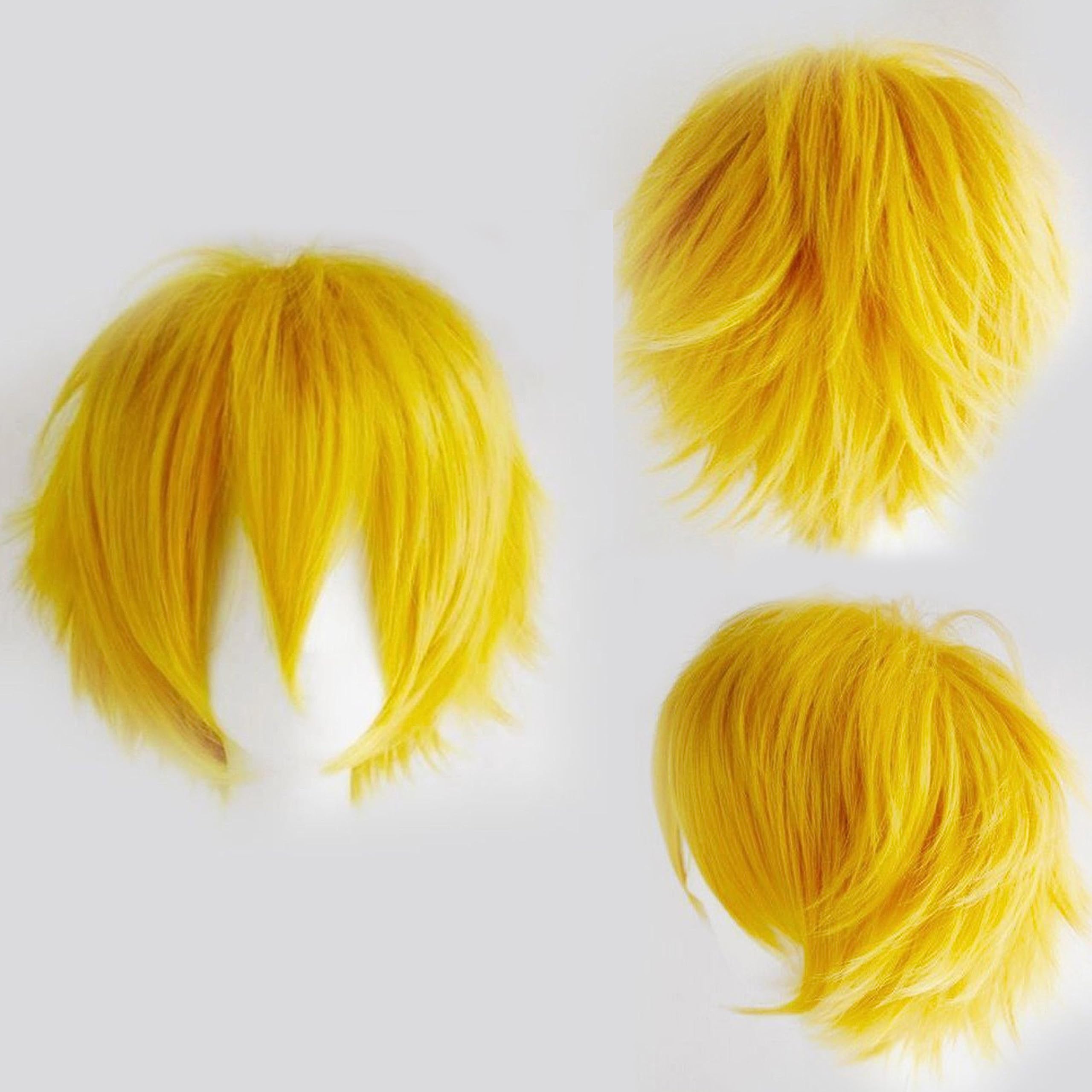 Gairyan Gelbe Cosplay-Perücke, Unisex, Anime-Kostüm, synthetisch, stachelig, geschichtet, kurzes Haar mit Pony, hitzebeständig