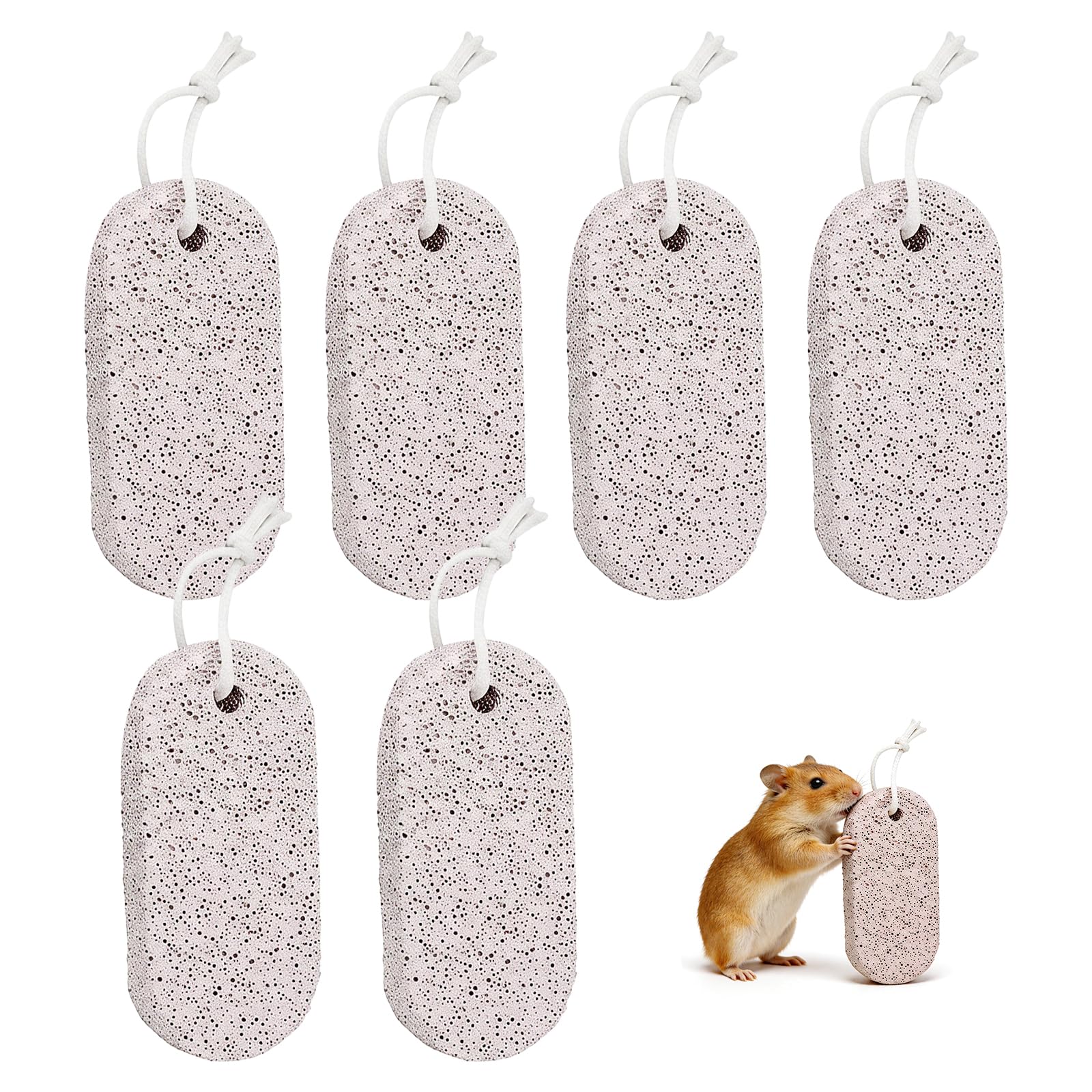 QKNOSM 6 PCS Pet Teeth Grinding Stone, 9ร4.5ร2cm Hamster Chew Toys Oval Teeth Grinding Block with Hanging Rope for Hamsters Chinchillas Rabbits Parrot