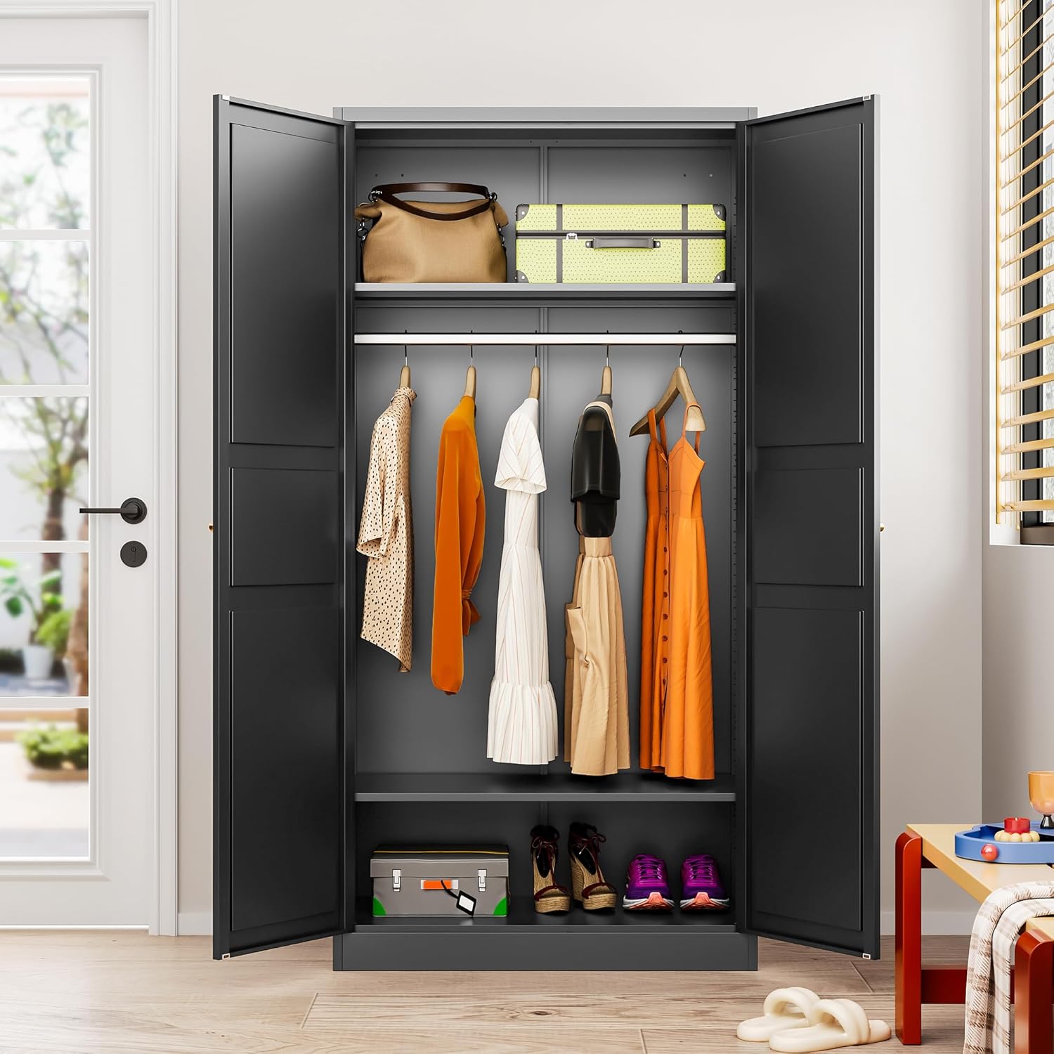 Metal Wardrobe Cabinet,Armoire Wardrobe Closet with doors,Black Metal Clothing Storage Cabinet with Adjustable Shelves and Hanging Rod,72" Cloth Storage Cabinets for Home,Bedroom Armoires,Laundry