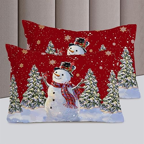 Miniatura 5 de Juego de funda de edredón tamaño California King, juego de funda de edredón de Navidad de 4 piezas de muñeco de nieve rojo, juegos de ropa de cama