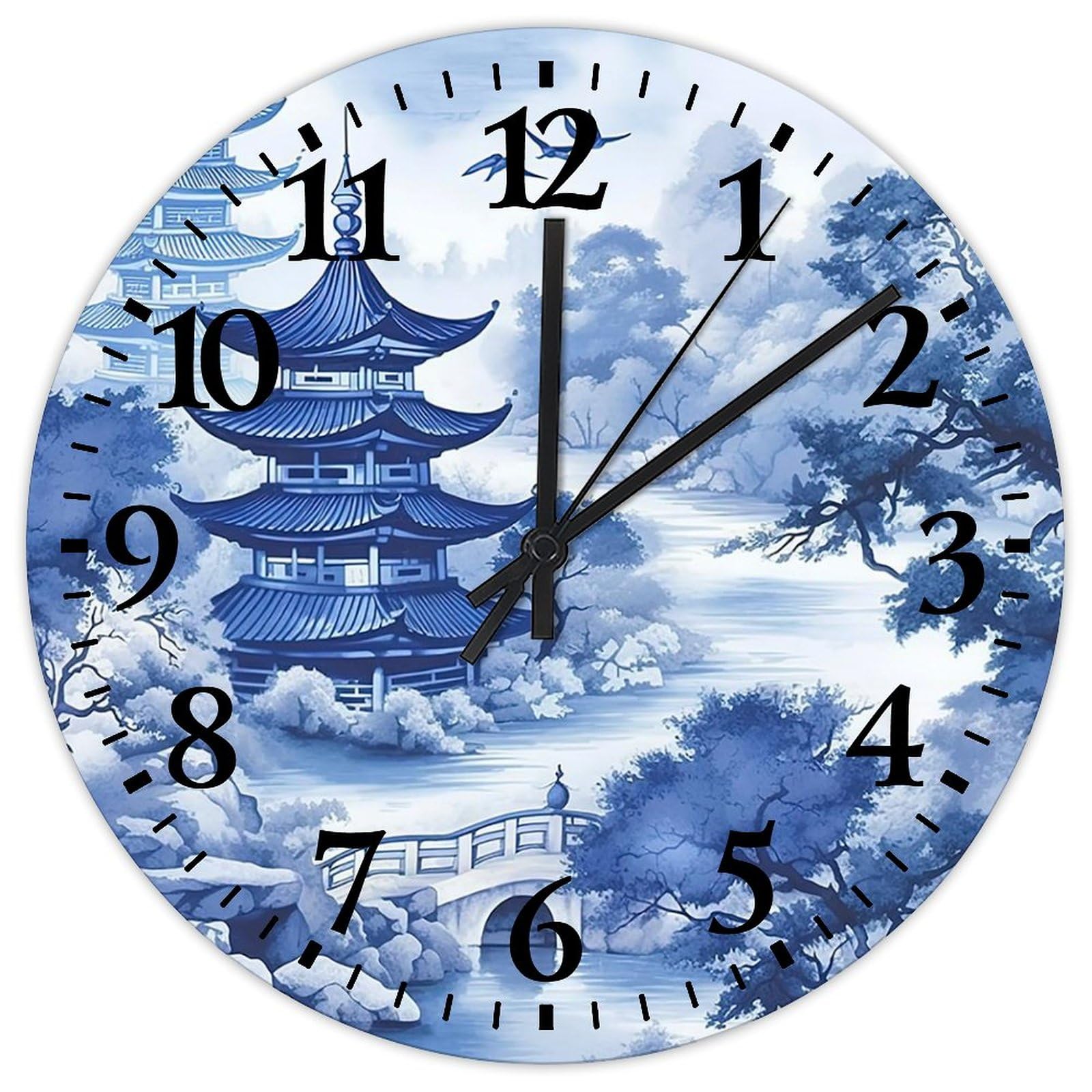 Silent Wall Clock Battery Operated Non Ticking Analog Chinoiserie Asian Pagoda White Blue Porcelain Modern Wall Clocks Chinoiserie Toile Oriental
