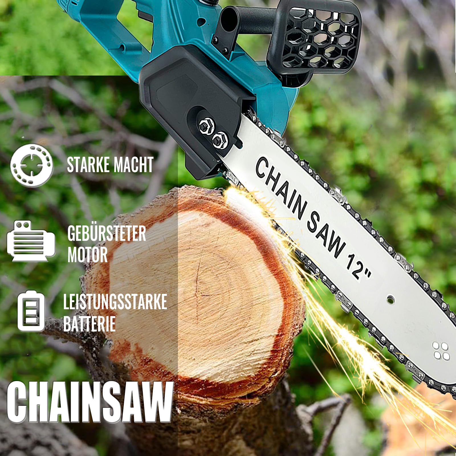 Sierra de cadena con batería de 12 pulgadas con 2 baterías de 5500 mAh, sierra eléctrica de 30 cm para Makita, sierra de mano eléctrica para cortar madera, podar árboles y podar árboles