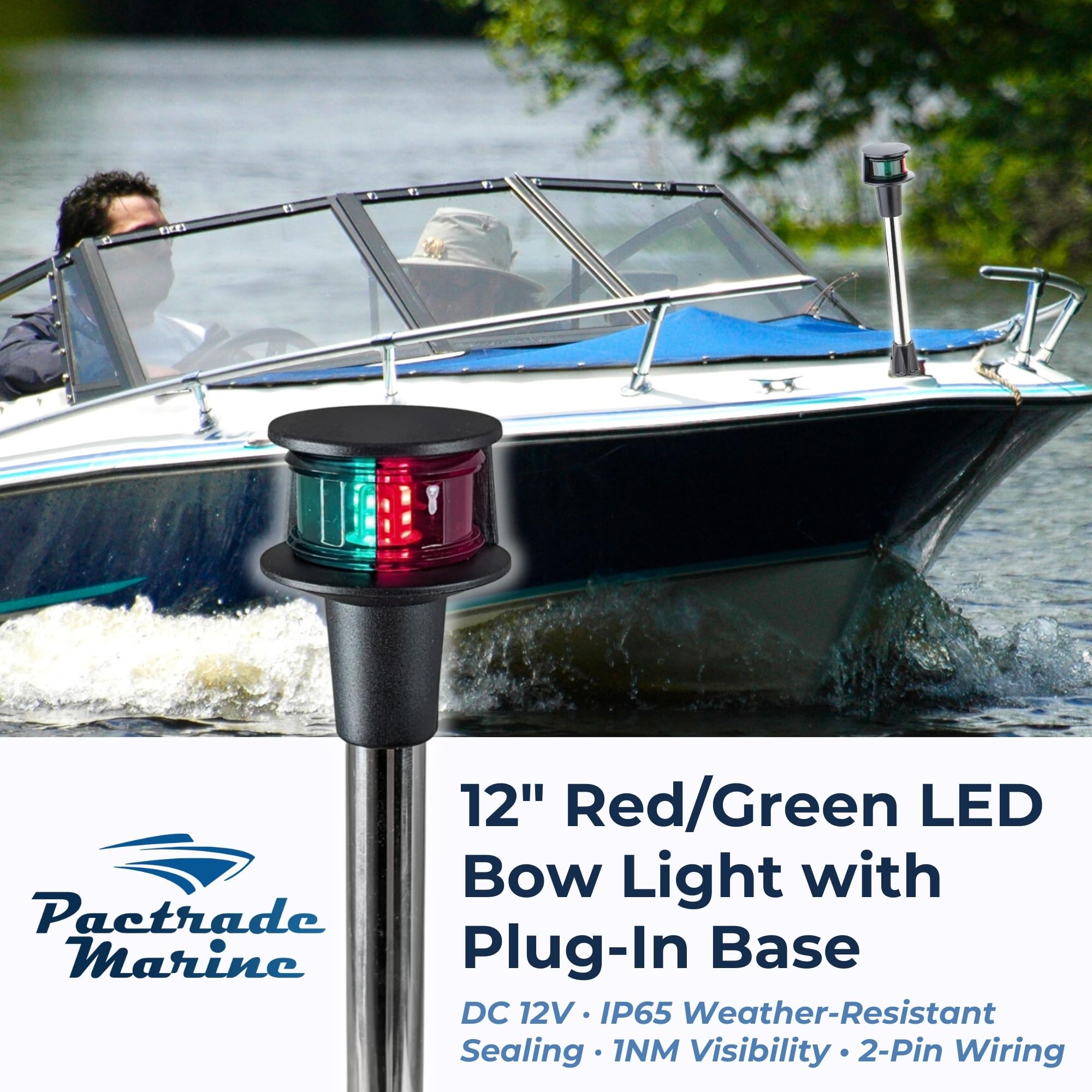 Pactrade Marine Luces de navegación LED rojas y verdes para barcos, poste extraíble de 12 pulgadas con base de liberación rápida, luces impermeables bicolor para barco, kayak, pontón, barcos pequeños