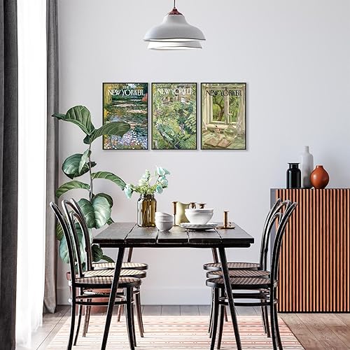 Miniatura 3 de Htdsks Juego de 3 pósteres de The New Yorker de estilo rústico retro en lienzo para pared, arte de pared verde abstracto minimalista, pintura