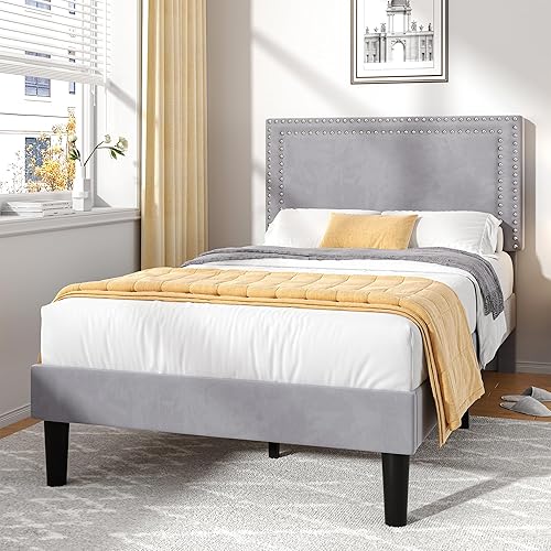 Miniatura 170 de VECELO Base de cama de tamaño matrimonial con cabecera tapizada ajustable, plataforma de listones de madera, diseño sin ruido, fácil montaje Negro