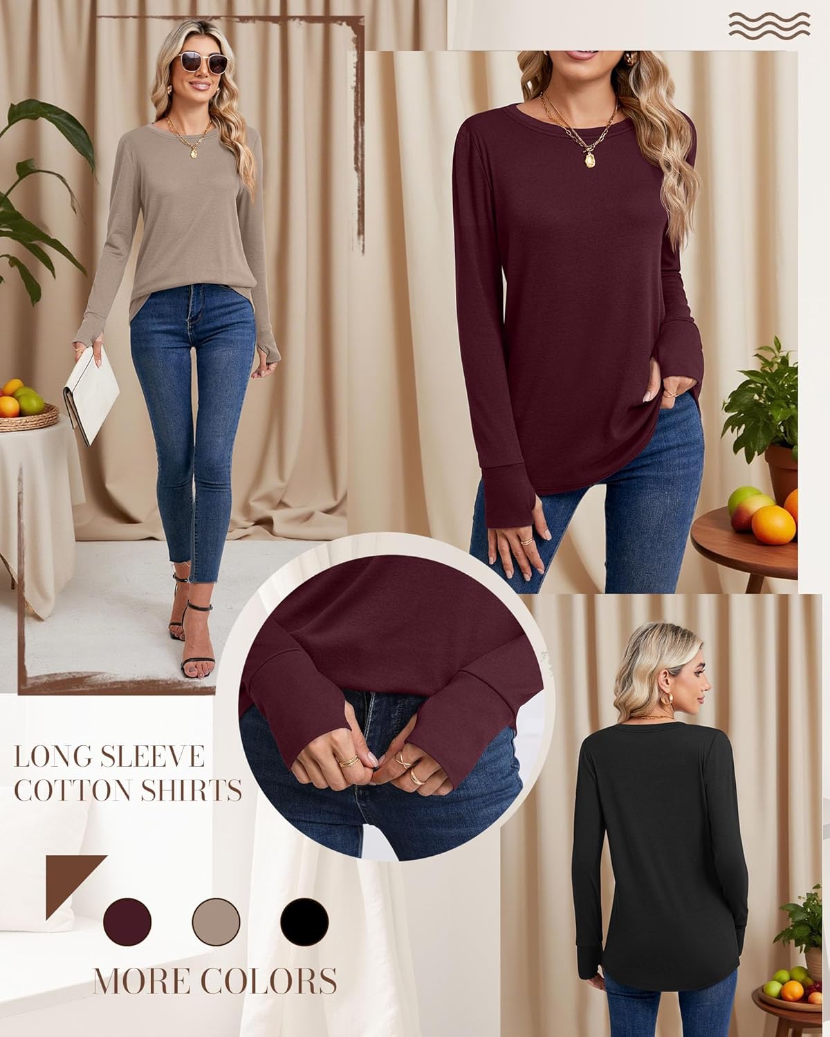 Huukeay 3 Pack Women's Long Sleeve Shirts with Thumb Holes, Cotton Casual Crew Neck Tunic Tops Fall Loose Y2k Trendy Outfits - Image 6