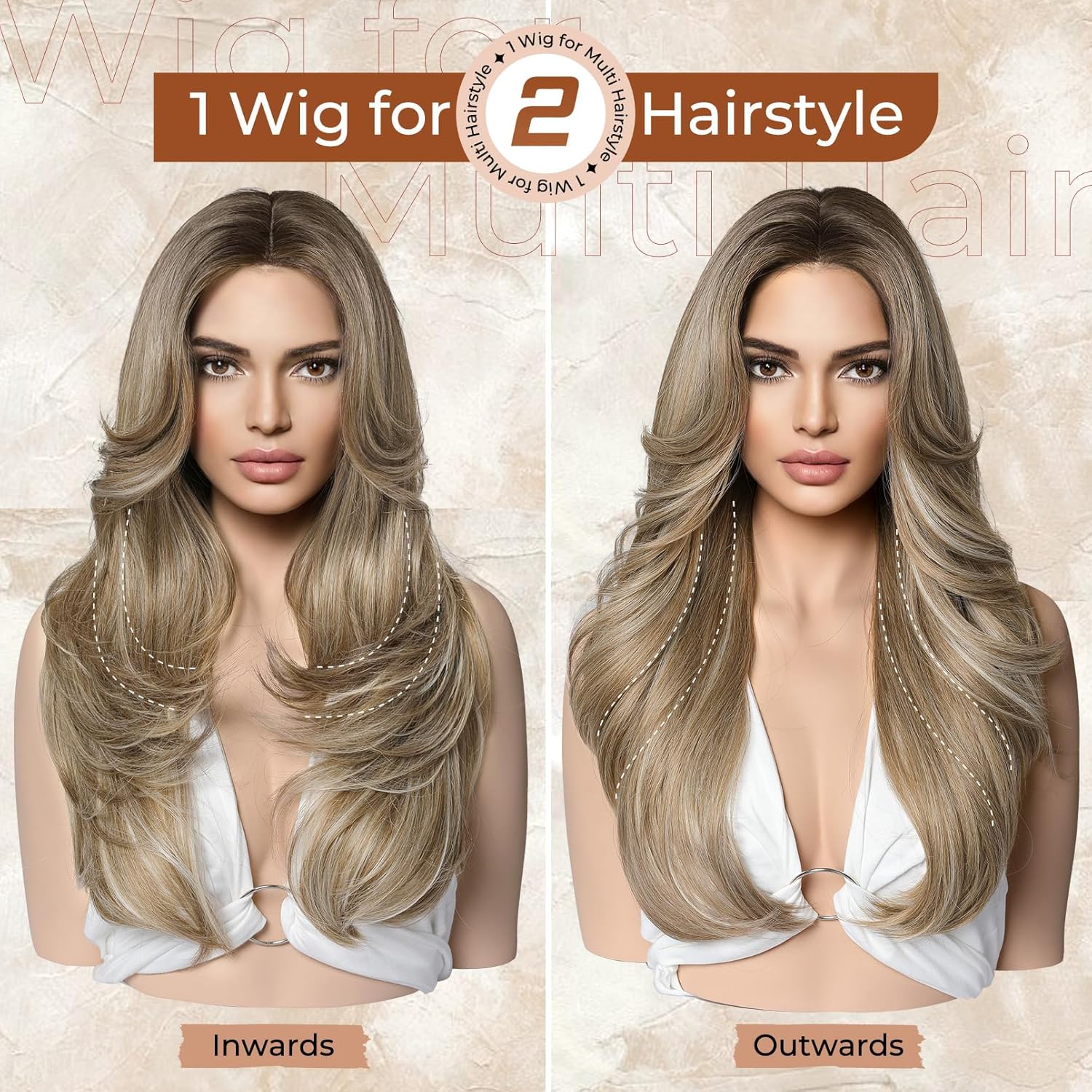 LONAI Ash Brown Wigs for Women 24" Long Ombre Brown Middle Part Layered Wig Synthetic Hair Wig for Daily Use Party Cosplay