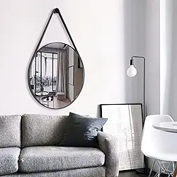 Espelho Decorativo Redondo 60cm Preto Adnet Suspenso com Alça Couro e Suporte de Fixação