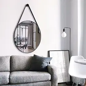 Espelho Decorativo Redondo 60cm Preto Adnet Suspenso com Alça Couro e Suporte de Fixação
