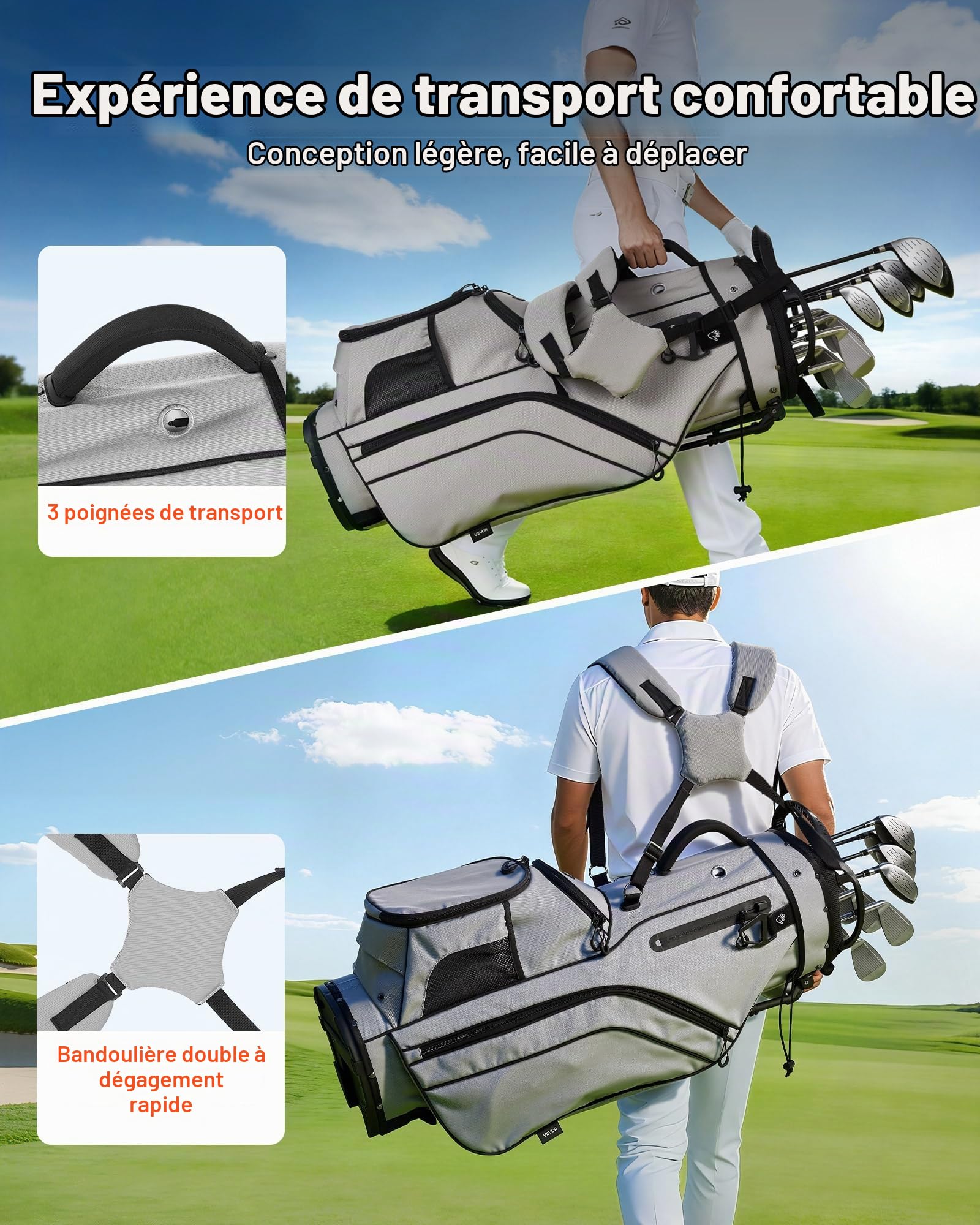 VEVOR Sac de Golf pour Chariot Voiturette, Sac de Clubs de Golf Trépied 14 Compartiments Supérieurs, pour Golfette Golfeurs, en Polyester Léger, avec Séparateur Pleine Longueur, Double Bandoulière