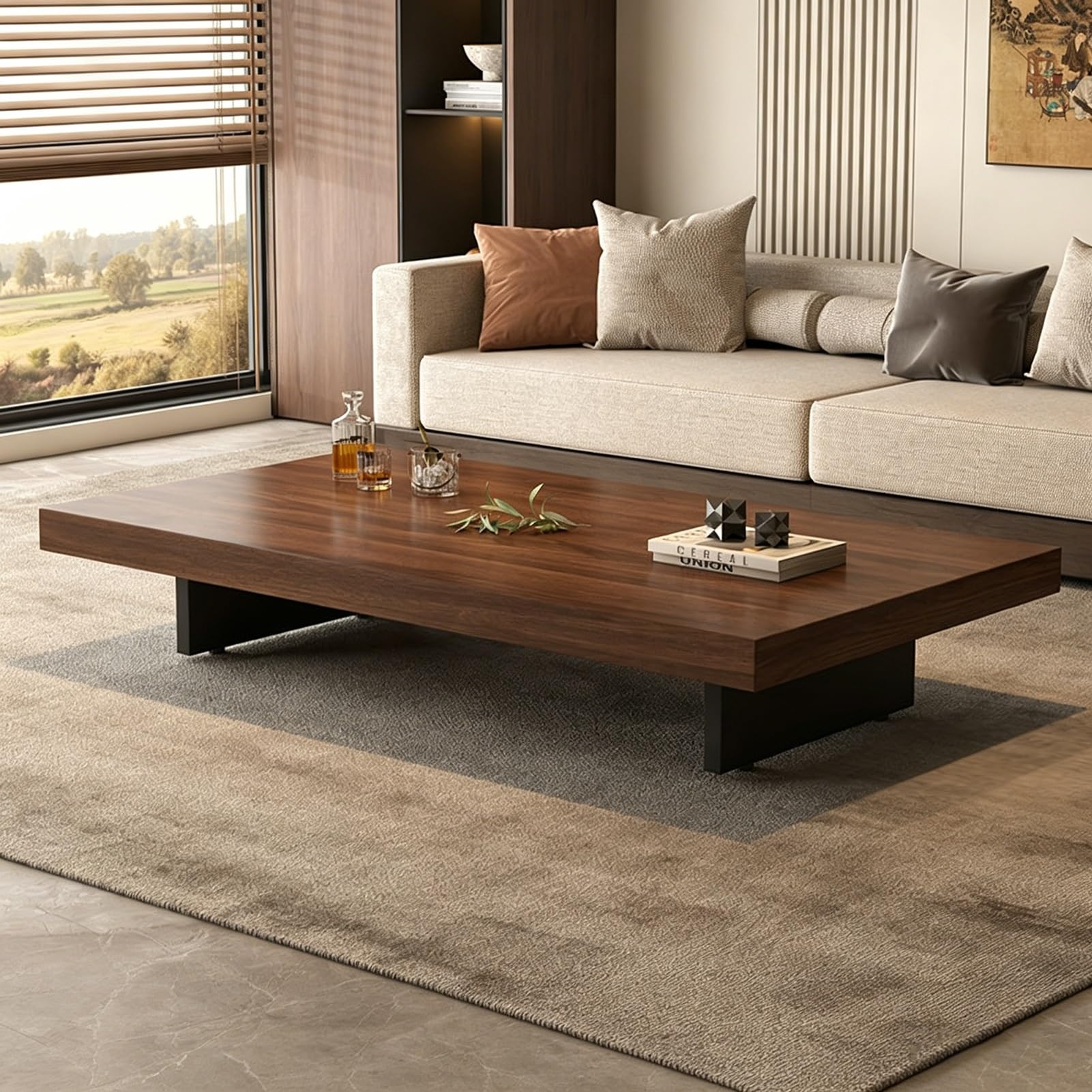 HARELA Mesa De Centro Rústica, Mesa de té Rectangular Multifuncional de Madera, Mesas Centrales Bajas For Sala De Estar, Oficina, Diseño Minimalista(Walnut,100 * 60cm/39.4 * 23.6in)