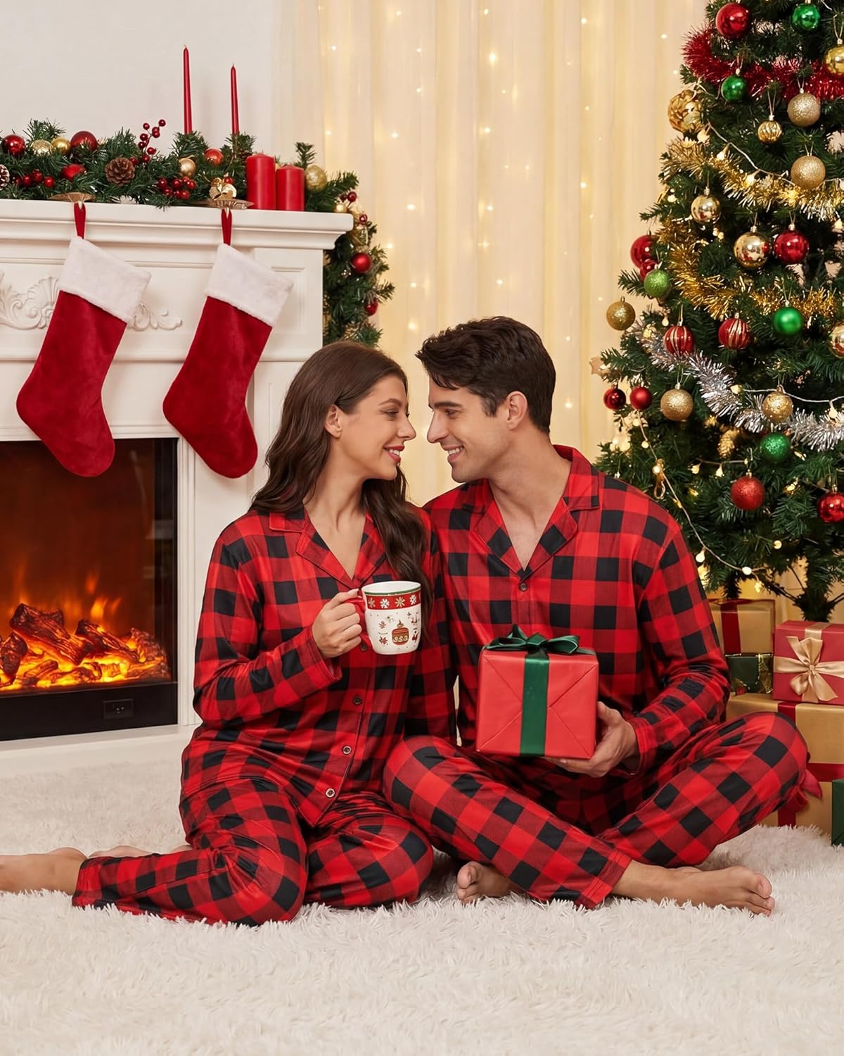Hillban Couples Matching Christmas Pajamas Sets Family Buffalo Black Plaid Pajamas Long Sleeve Button for Adult Youth - Image 7