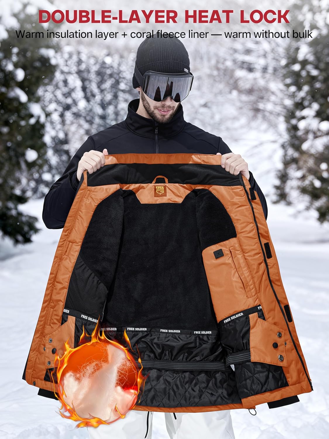 FREE SOLDIER Men's Waterproof Ski Jacket Fleece Lined Warm Winter Snow Coat with Hood Fully Taped Seams - Image 3