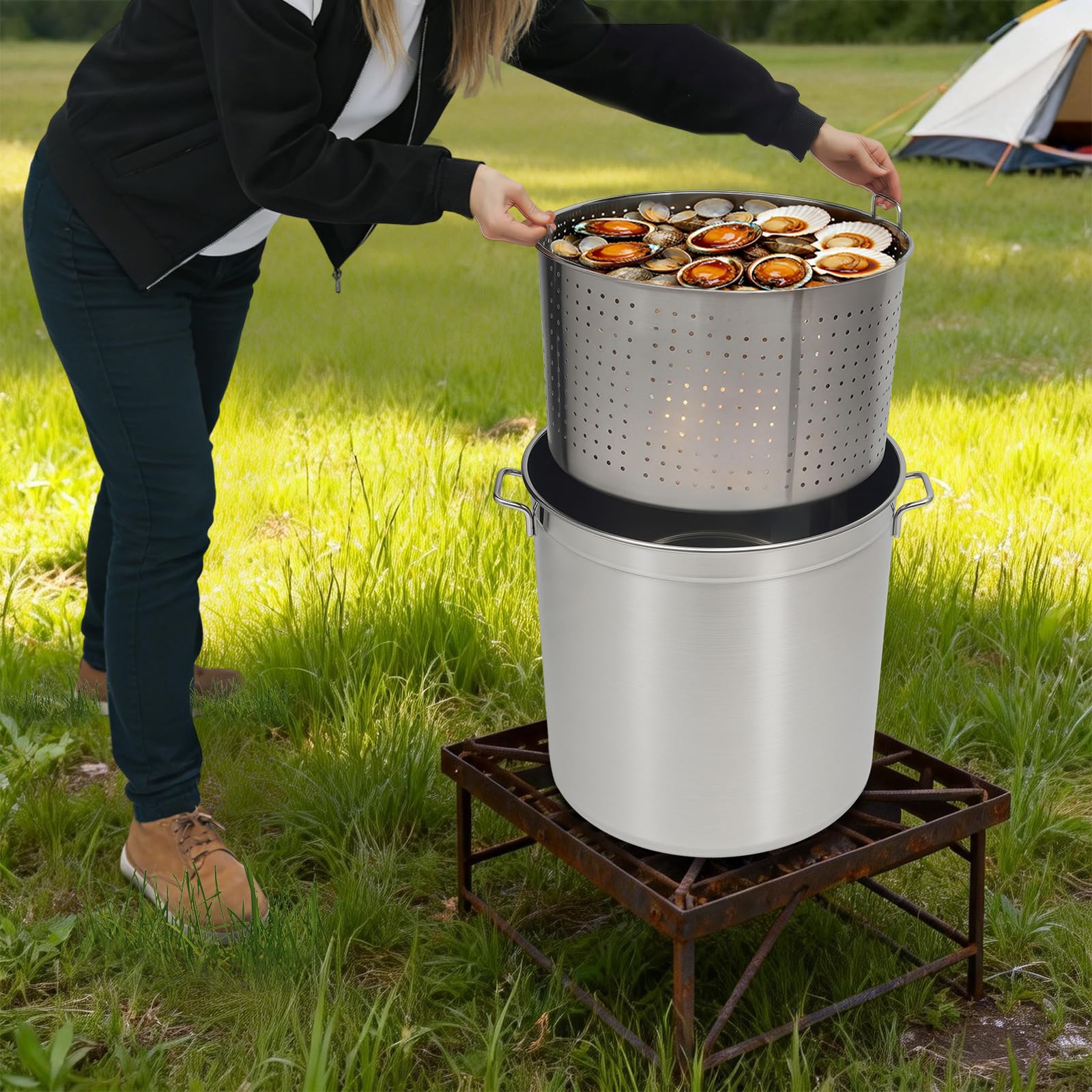 Pentola per zuppa in acciaio inox con coperchio e inserto a vapore, pentola a induzione da 50 l, in acciaio inox, per uso commerciale, grande cucina, campeggio