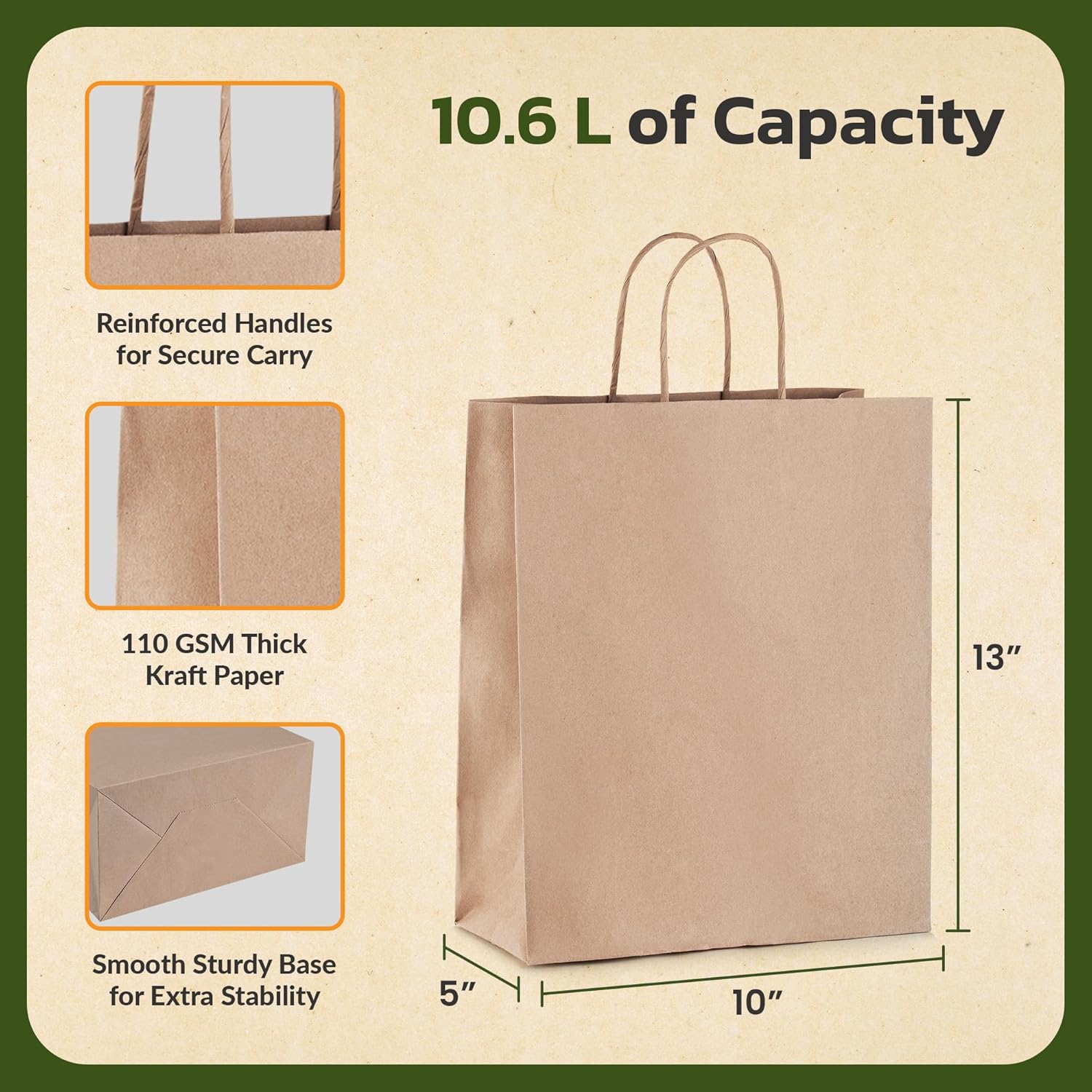 10x5x13 inches, 50-Pack Kraft Paper Gift Bags with Handles | EKOBAGS Nobelle | 115 GSM Brown Paper Bags for Small Business, Retail & Party Favors | Recyclable | Holds up to 10.5L/8 lbs