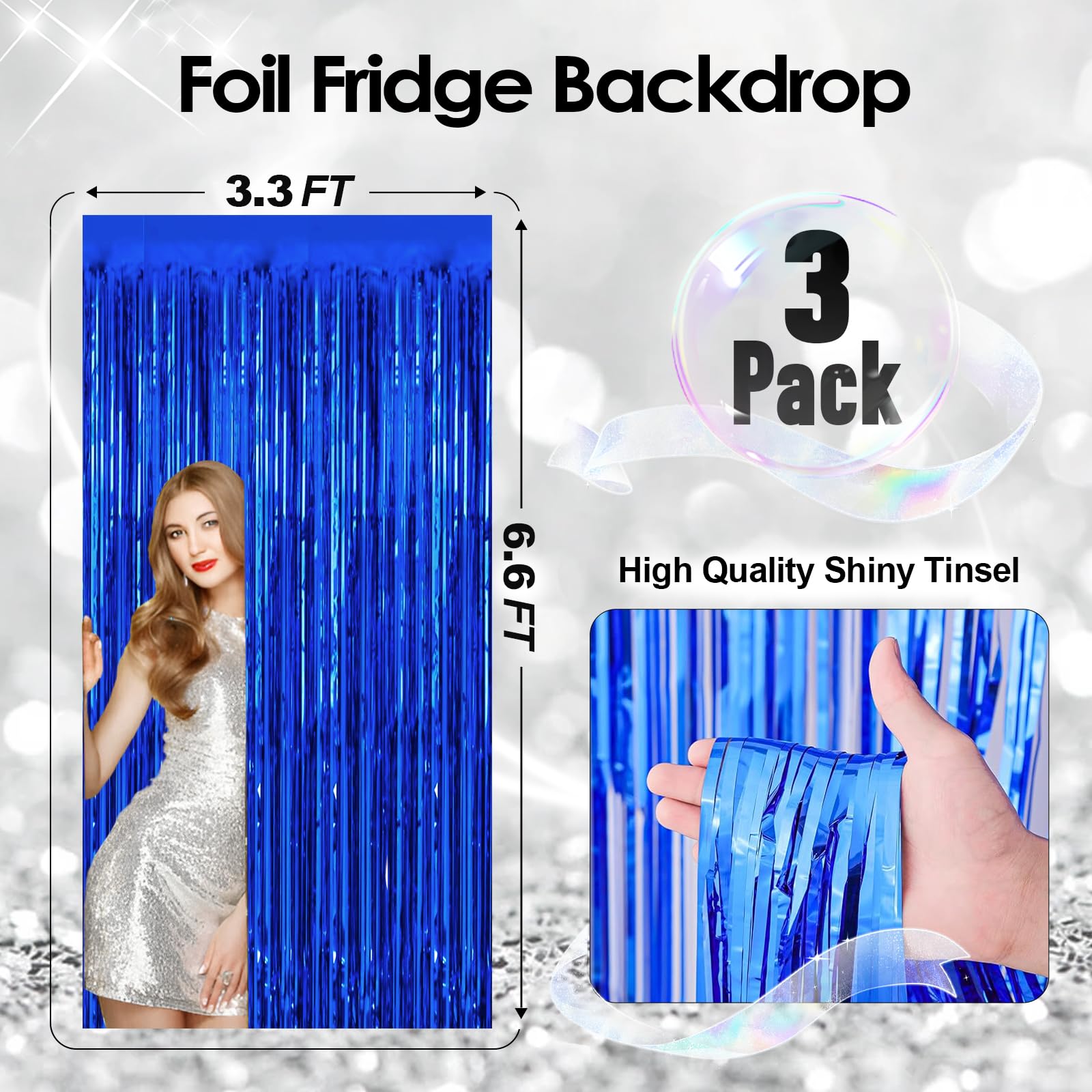 Yishebapa 3 Pack Blue Backdrop Curtains, Foil Fringe Curtains Tinsel Streamers for Birthday Wedding Photo Booth Baby Shower Bachelorette Graduation Christmas Party Decorations