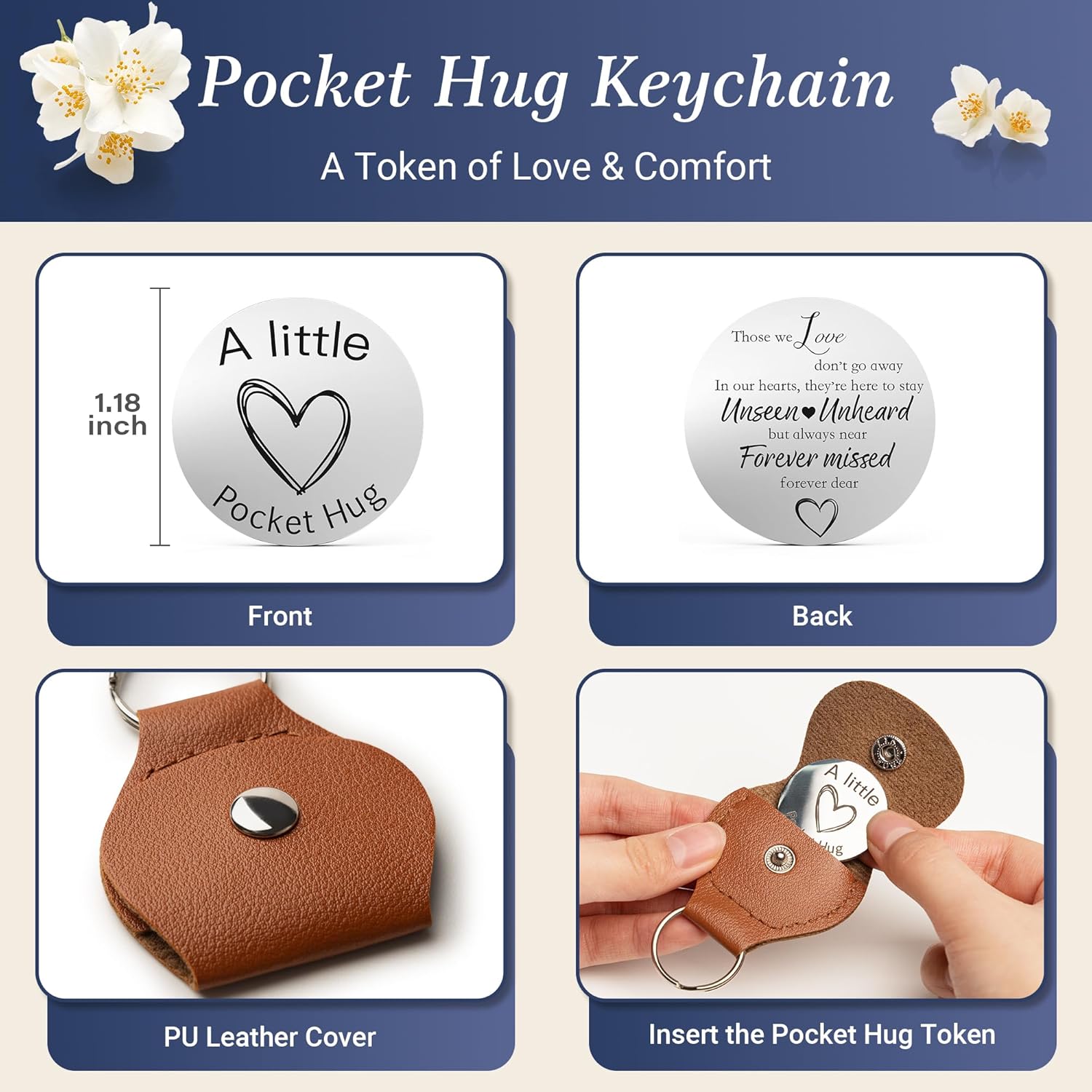 Memorial Leather Journal with Photo Window, Sympathy Gifts for Loss of Loved One in Heaven, In Loving Memory Notebook A5 Grief Journal, 200 Pages with Pen & Pocket Hug Keychain (Blue)