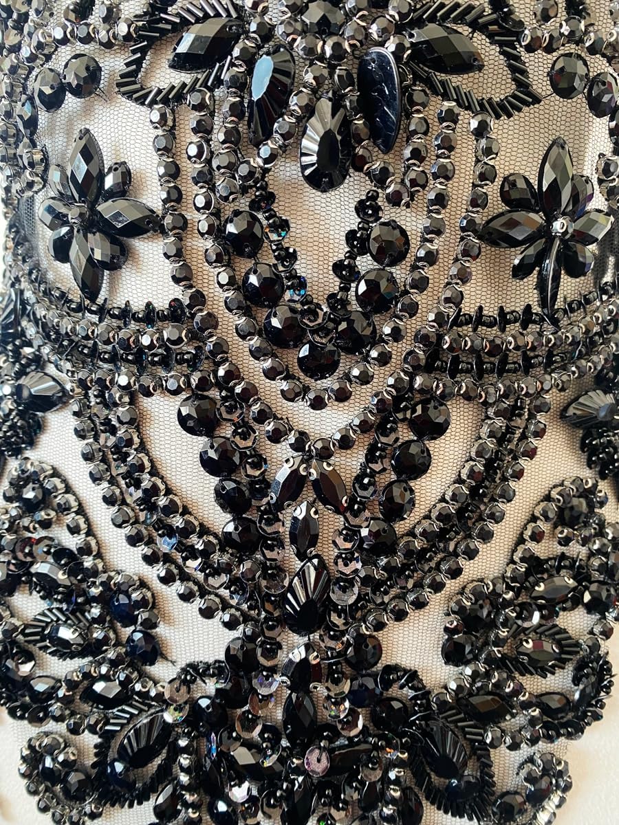 Handmade Beautiful Large Bodice Applique Pure Handsewing Patch with Crystal and Beads for Dresses DIY Acceessories (Black)