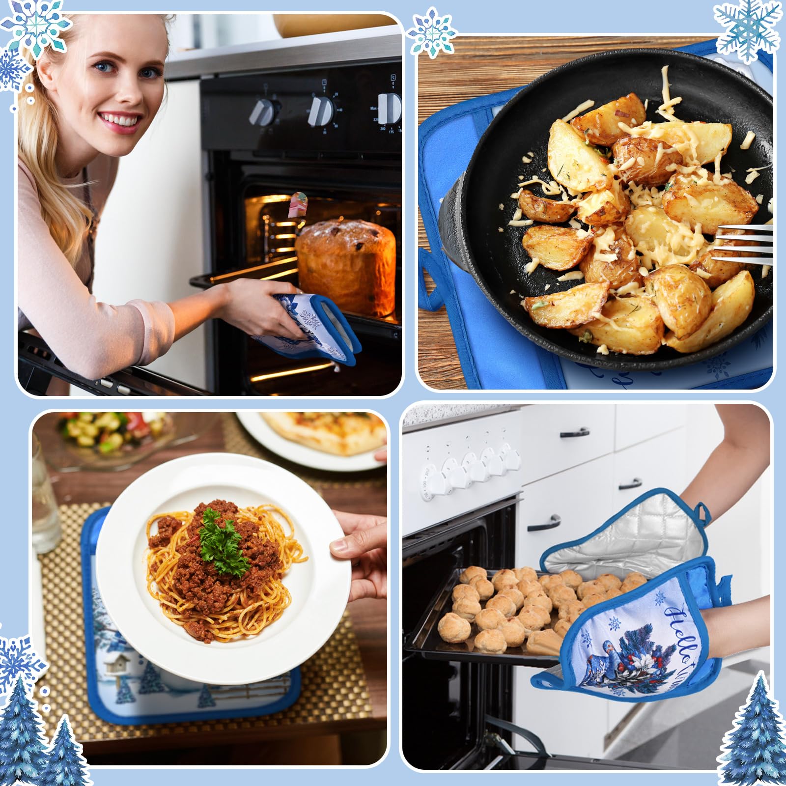 12 soportes azules para ollas de Navidad con bolsillo, Hello Winter, regalo a granel, gnomo de muñeco de nieve, resistentes al calor, guantes de horno, lindos guantes de horno de copo de 5