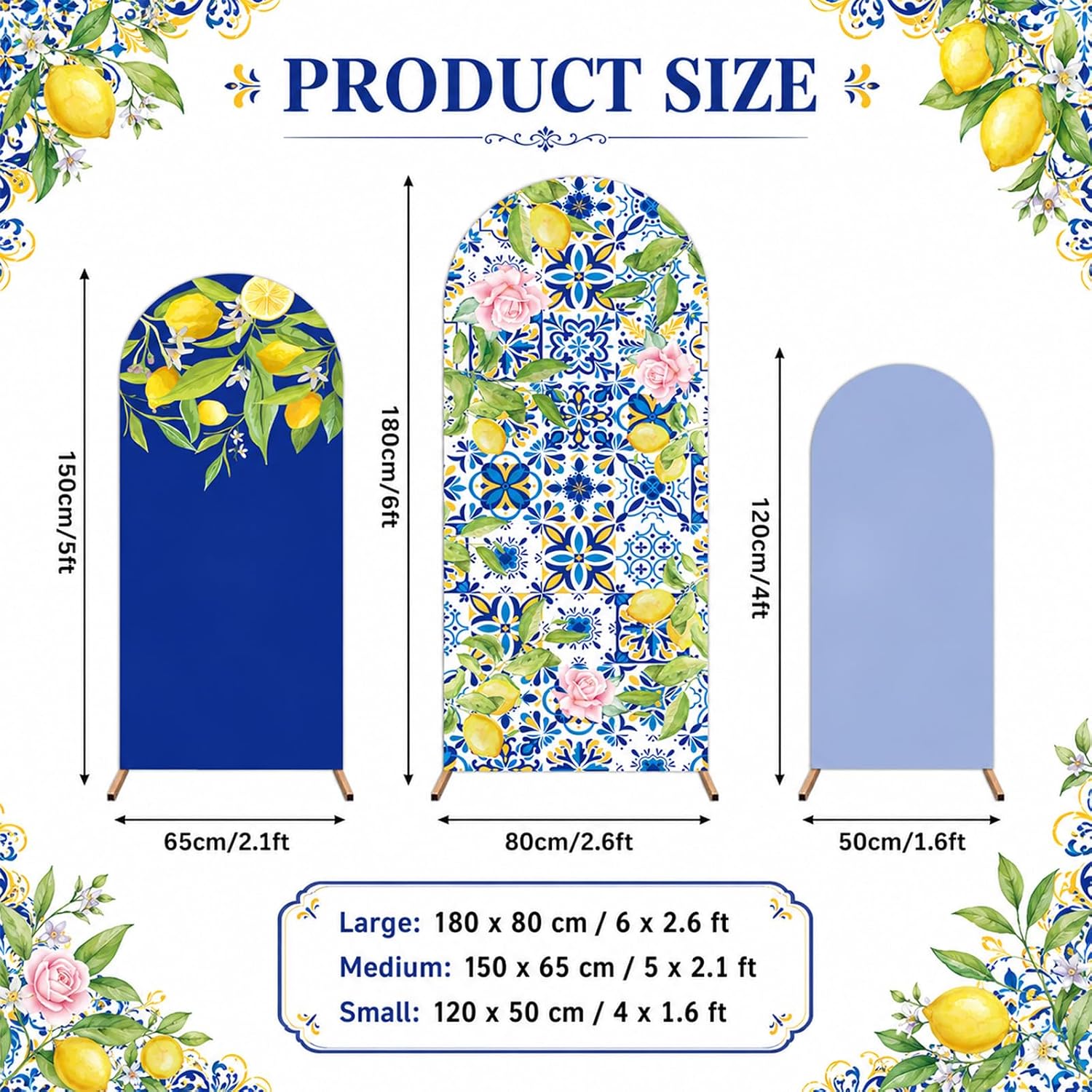 3Pcs Mediterranean Lemon Tiles Arch Backdrop Covers 4ft 5ft 6ft Blue Yellow Capri Lemon Arch Stand Covers Amalfi Coast Party Decoration Photo Background for Summer Wedding Birthday Party Supplies image 2