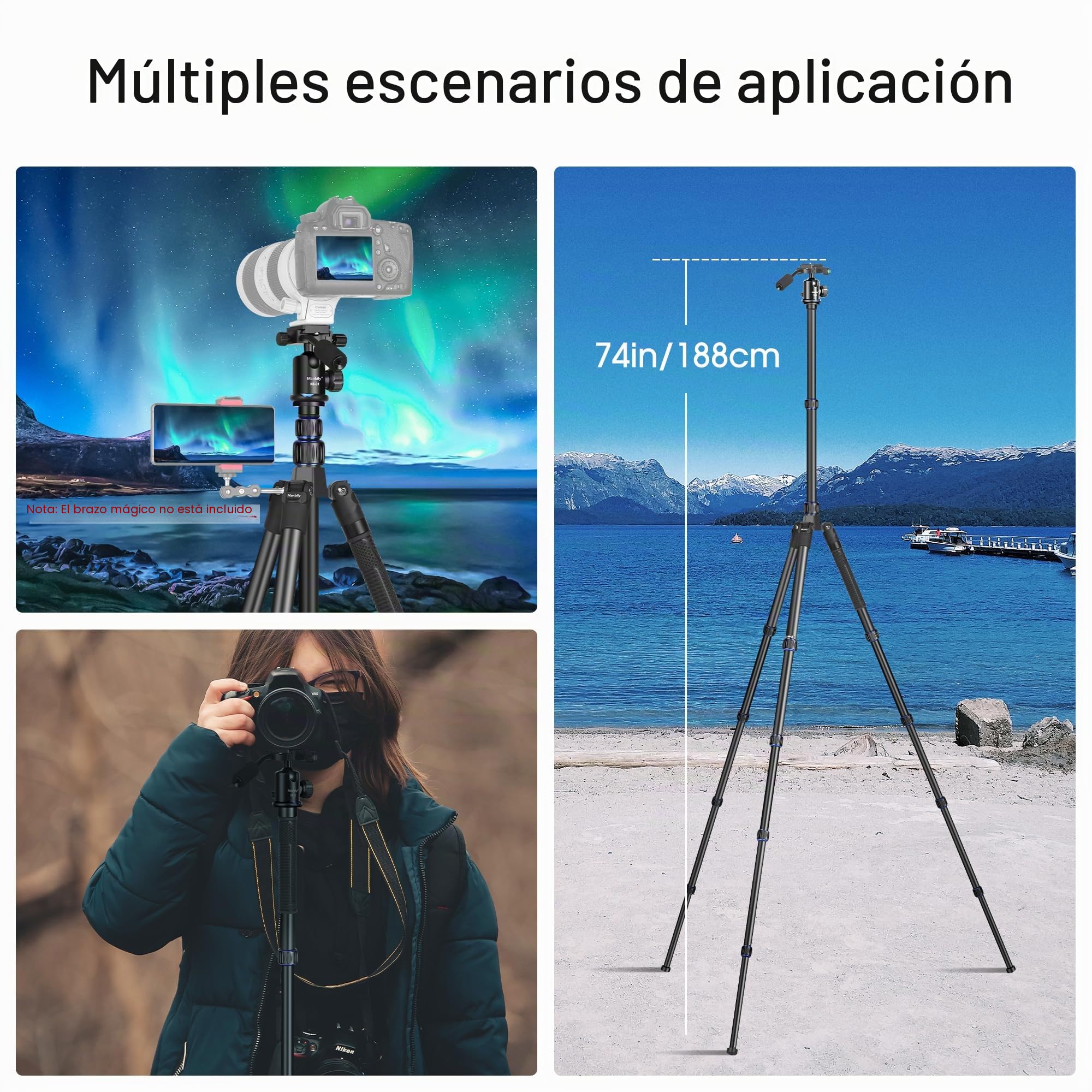 Manbily Trípode para Cámara 42-188cm de Aluminio con 360° Cabeza de Bola con Mango, y Monopié MAX. 195cm para Viaje Compacto para DSLR Cámara Video Clip de Móvil Canon Nikon Sony (MA-255L) Azul