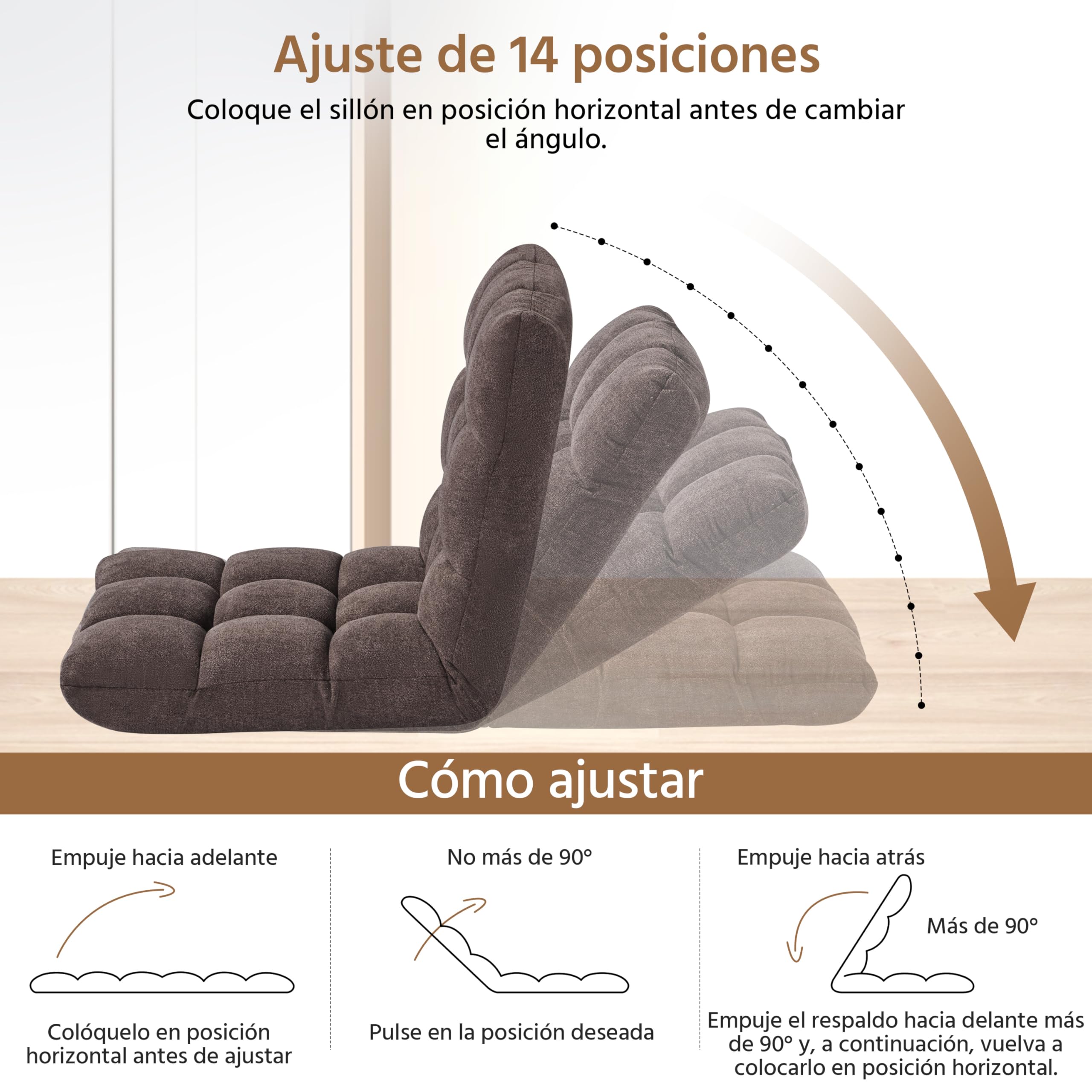 Yaheetech Silla de Suelo Plegable con Respaldo Ajustable 14 Posiciones Sofá Acolchado de Terciopelo para Meditación Lectura Gaming Asiento de Espuma 111,5 × 53 × 14 cm Marrón