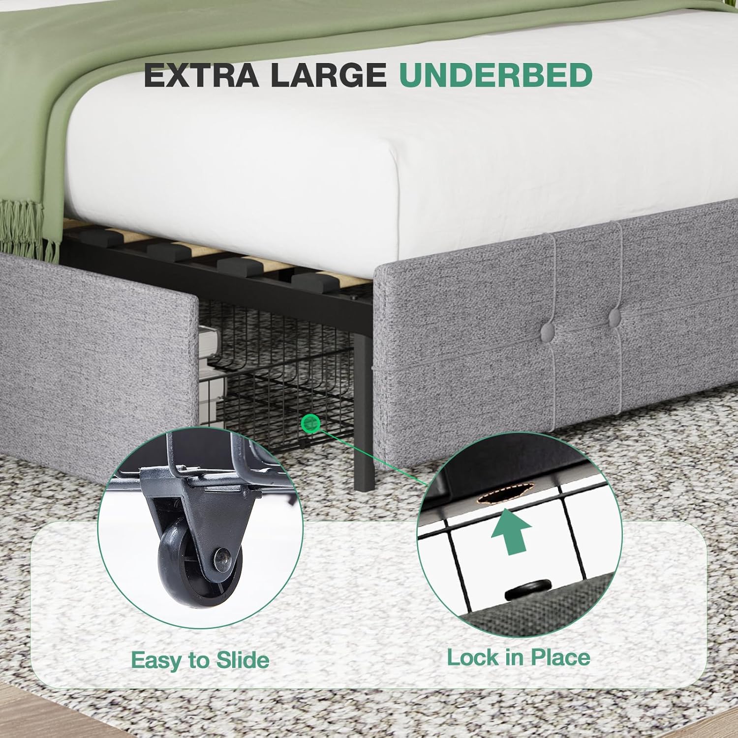 Novilla Upholstered Queen Size Bed Frame Platform with 4 Storage Drawers and Fabric Headboard, Non-Slip and Noise-Free Queen Bed Frame, Strong Wooden Slats, No Box Spring Needed, Grey