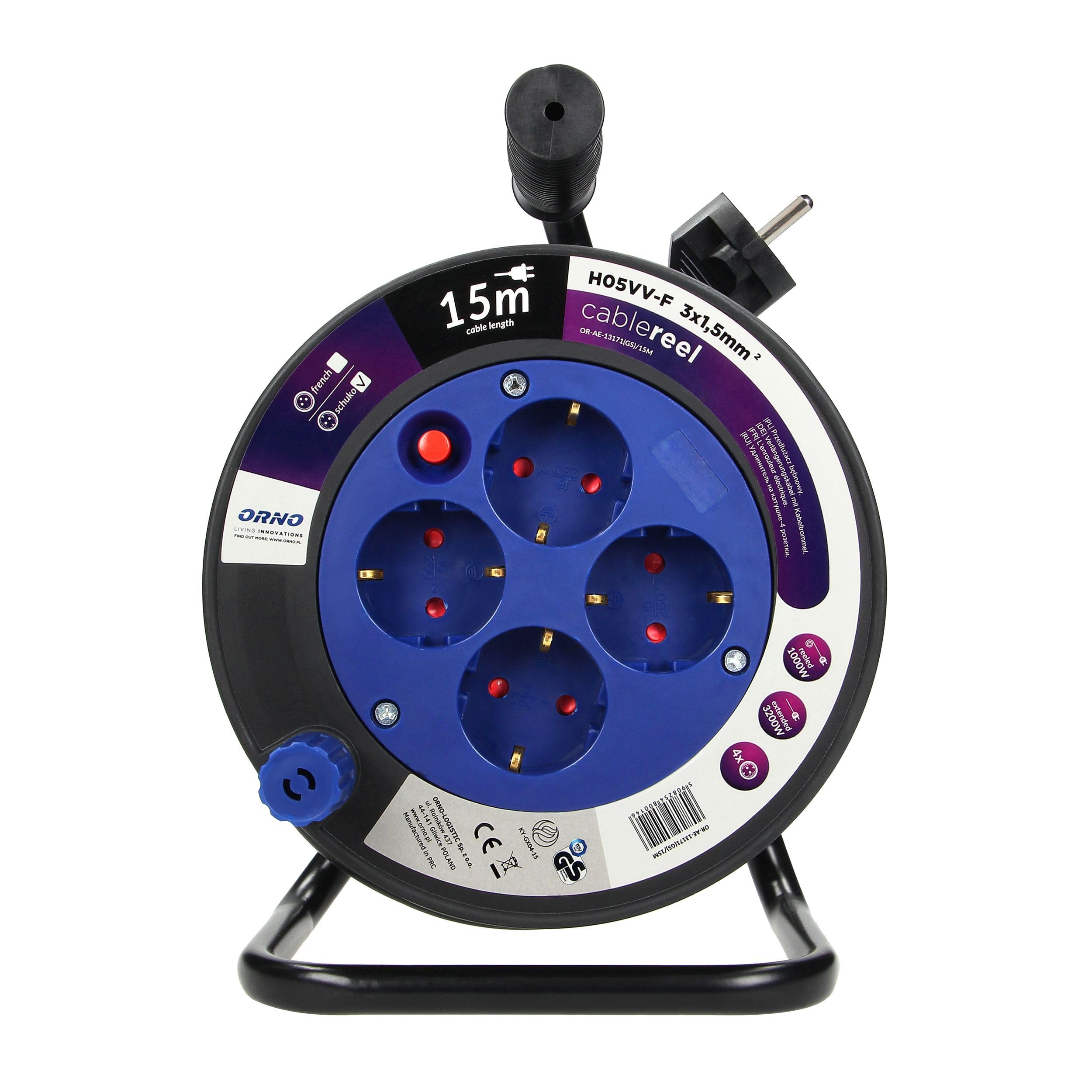 Enrollacables con 4 Tomas 2P+T (Schuko) - Alargador Enchufe - Extension Electrica - Carrete con Soporte Metálico, Cable H05VV-F 3x1,5mm² Longitud 15m