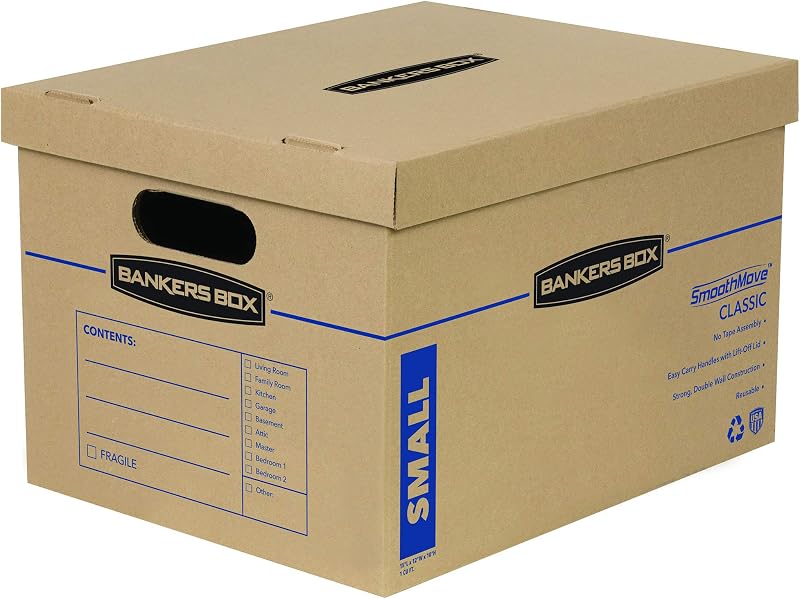Bankers Box 5-Pack Small Classic Moving Boxes with Reinforced Handles | Pack books, files, and dense items with sturdy small boxes built for easy carrying and organized moves.