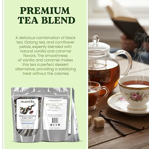 Vista 45 de Nelson's Tea - Té Earl Grey Hoja suelta - Té negro de frambuesa Earl Grey con frambuesas secas - Hoja suelta Earl Grey con pétalos de aciano