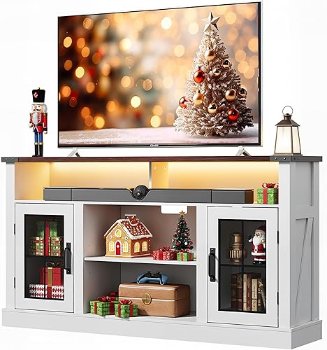 Miniatura 10 de WLIVE Soporte de TV de granja para TV de 65 pulgadas, centro de entretenimiento alto con luces LED y armarios de almacenamiento, mesa consola negro