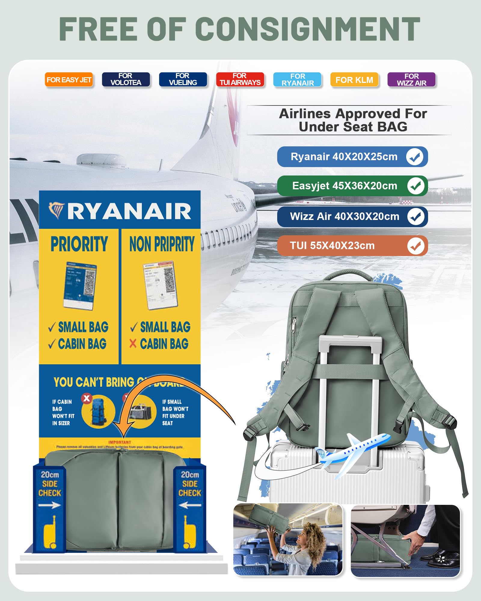bergsalz Zaino Sottovuoto Ryanair 40x20x25 Viaggio Con Pompa Zaino Da Viaggio 40x20x25 Da Donna Uomo Aereo 40x30x20 Bagaglio a Mano Con Sottovuoto Incorporato Verde