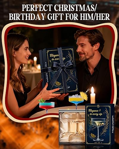 Miniatura 9 de Evoio Juego de Copas Martini Coupe de 4 | Elegantes Copas de Cóctel Vintage Acanaladas de 10 oz, Vidrio de Cristal Premium para Champán, Espresso