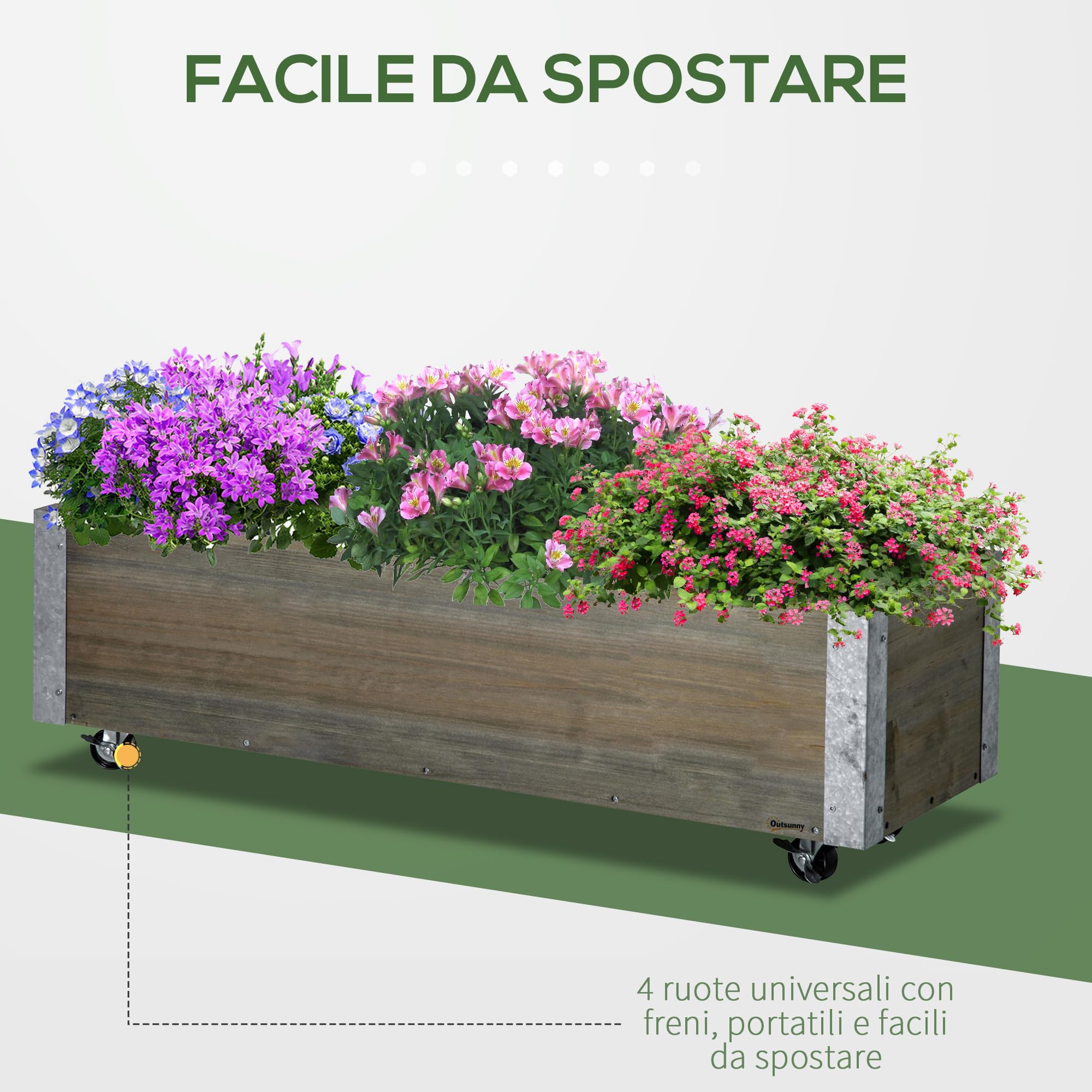 Outsunny Letto per Orto Rialzato da Esterno 96x30.6x30 cm Grigio Chiaro | Ruote a Freno, Strato in Tessuto non Tessuto, Fioriera da Esterno Rettangolare in Abete, Fori di Drenaggio