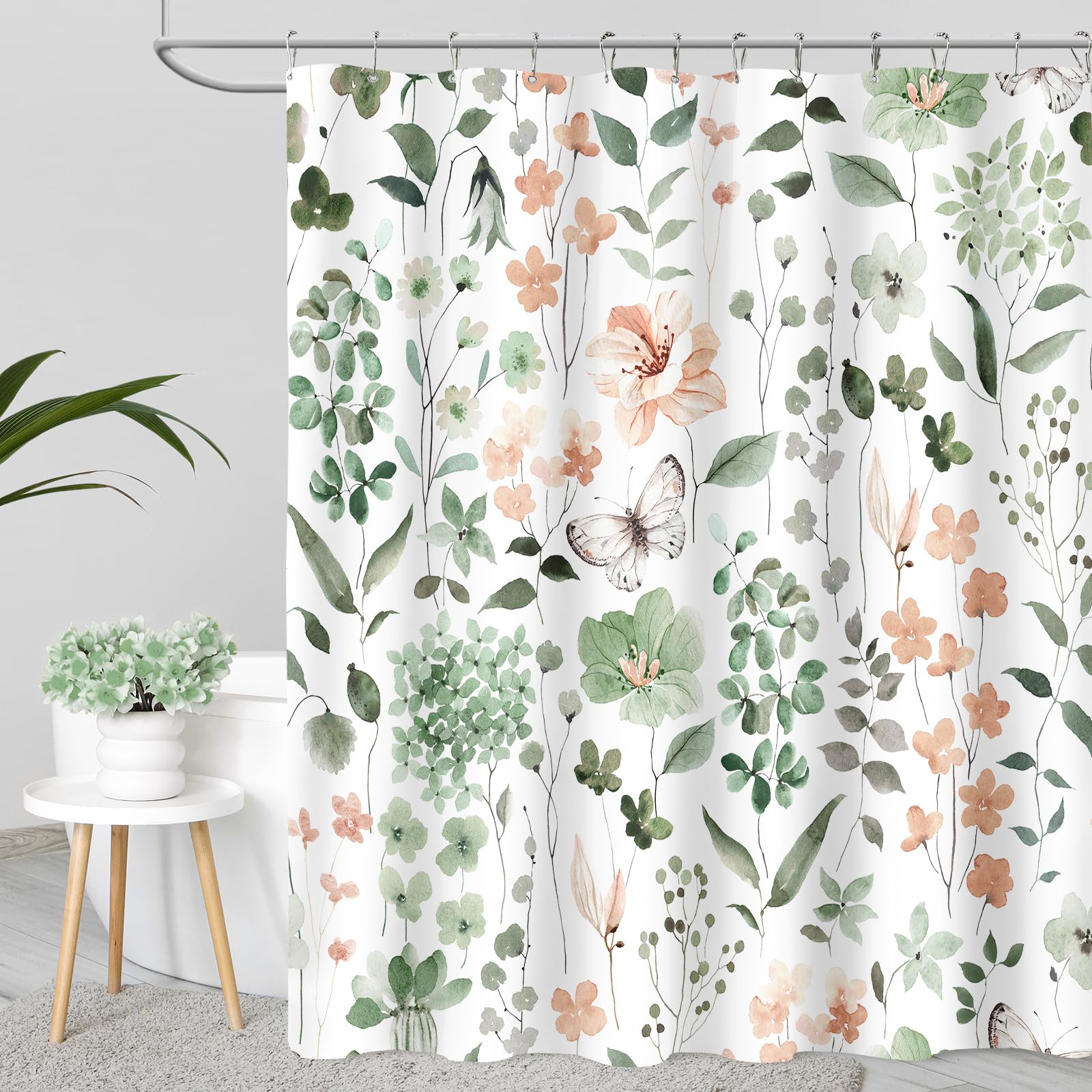 MAYZUS Long Shower Curtain 72 x 78 Inch, Tall Sage Green Floral Shower Curtain for Bathroom, Watercolor Flower Butterfly Fabric Shower Curtain Set