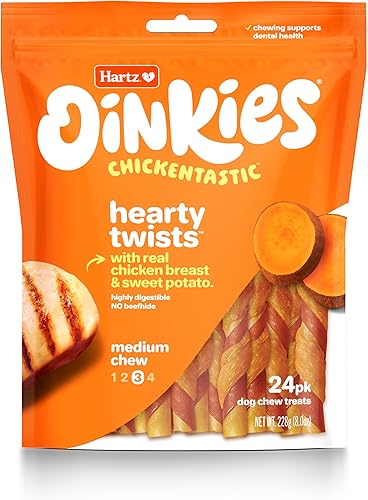 Hartz Oinkies Chickentastic Hearty Twists - Golosinas para perros con pechuga de pollo real batata y cerdo ahumado de larga duración pero altamente