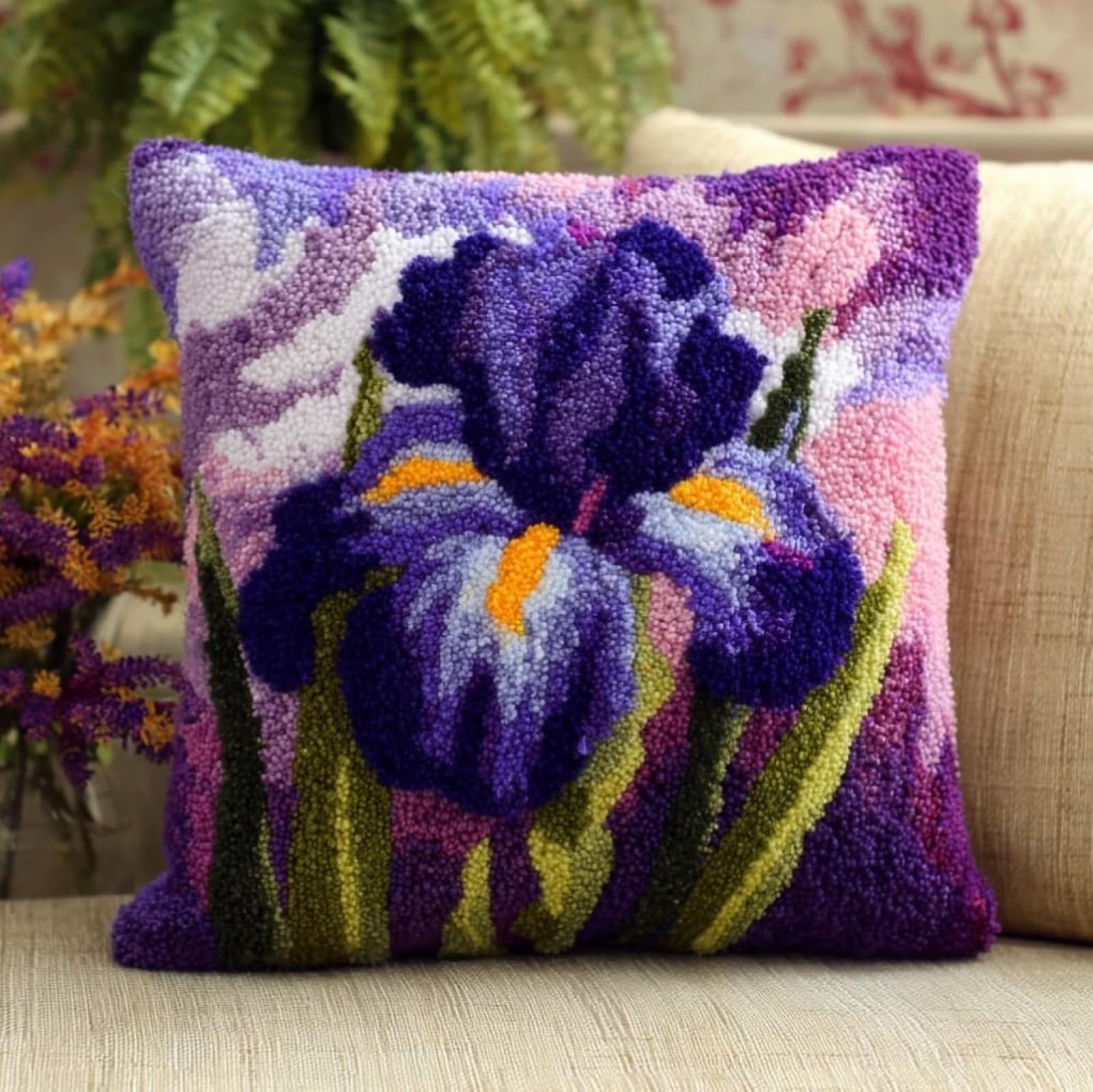 WallustrioaW Latch Hook Cushion Kit Pre Printed,Beautiful iris