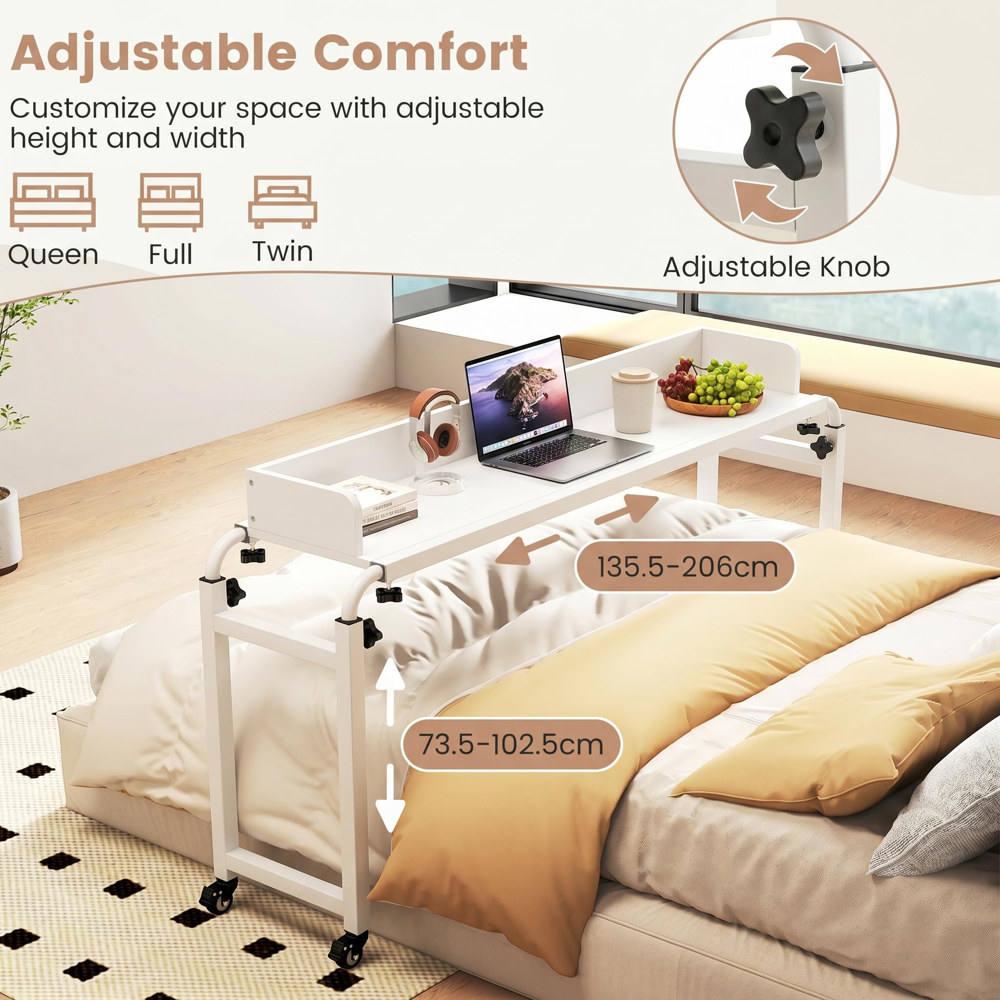 GIANTEX Mesa de cama con 4 ruedas, mesa de ordenador portátil con altura y longitud ajustables, 135,5-206 x 40 x 73,5-102,5 cm, mesa de aseo, mesa para ordenador portátil, para dormitorio, estudio