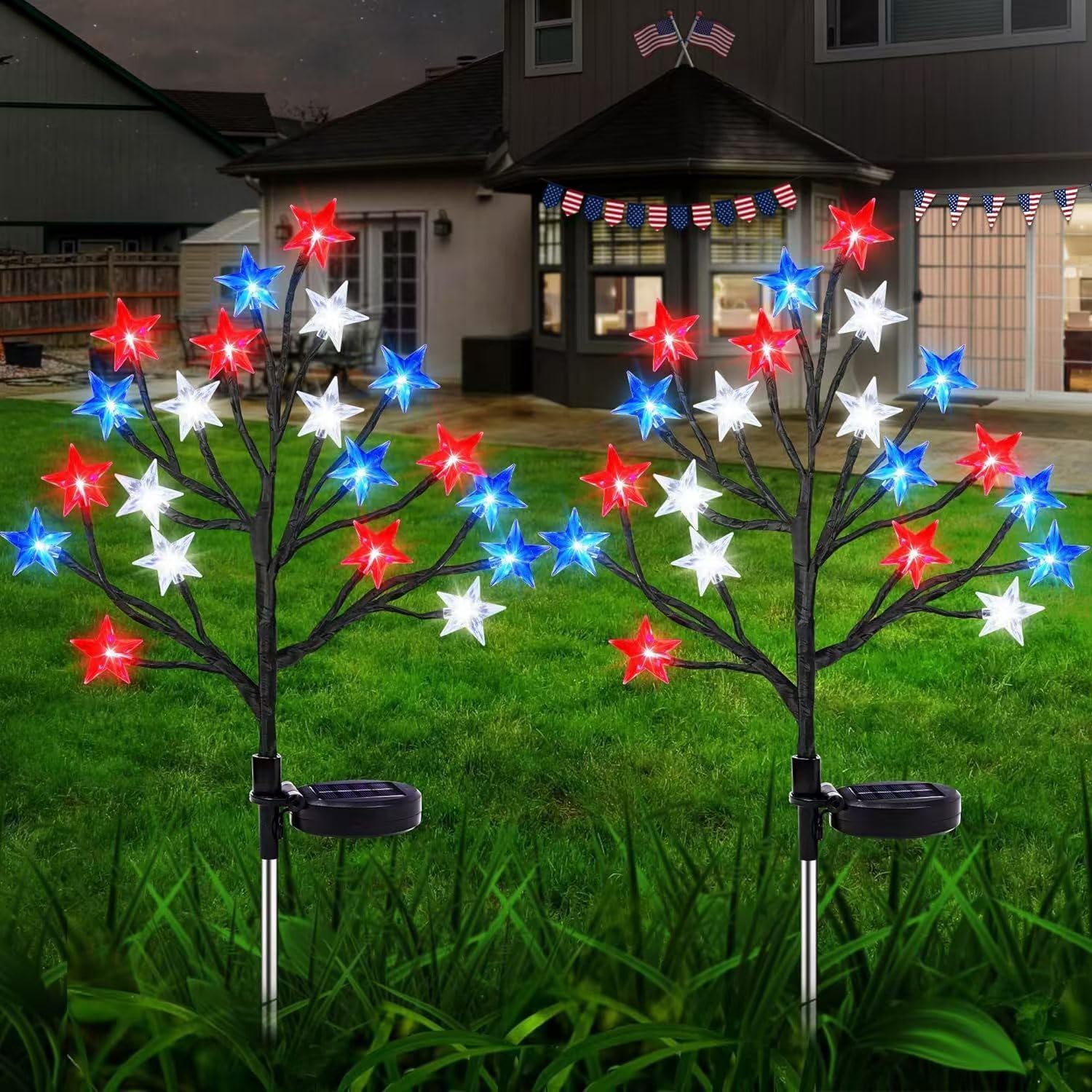 2 Packs 4th of July Decorations Solar Garden Lights, 2026 New Red White and Blue Star Solar Lights Outdoor LED Waterproof Light Patriotic Fourth of July Decorations for Yard Decor (2, 2 Modes)