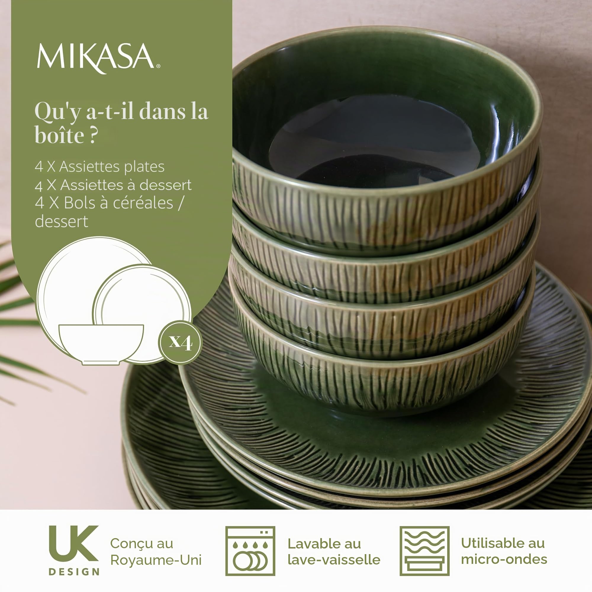 Mikasa Jardin Service de table 12 pièces, service de table en grès pour 4 personnes avec assiettes à dîner, assiettes d'accompagnement et bols, vert - Boite cadeau et lavable au lave-vaisselle
