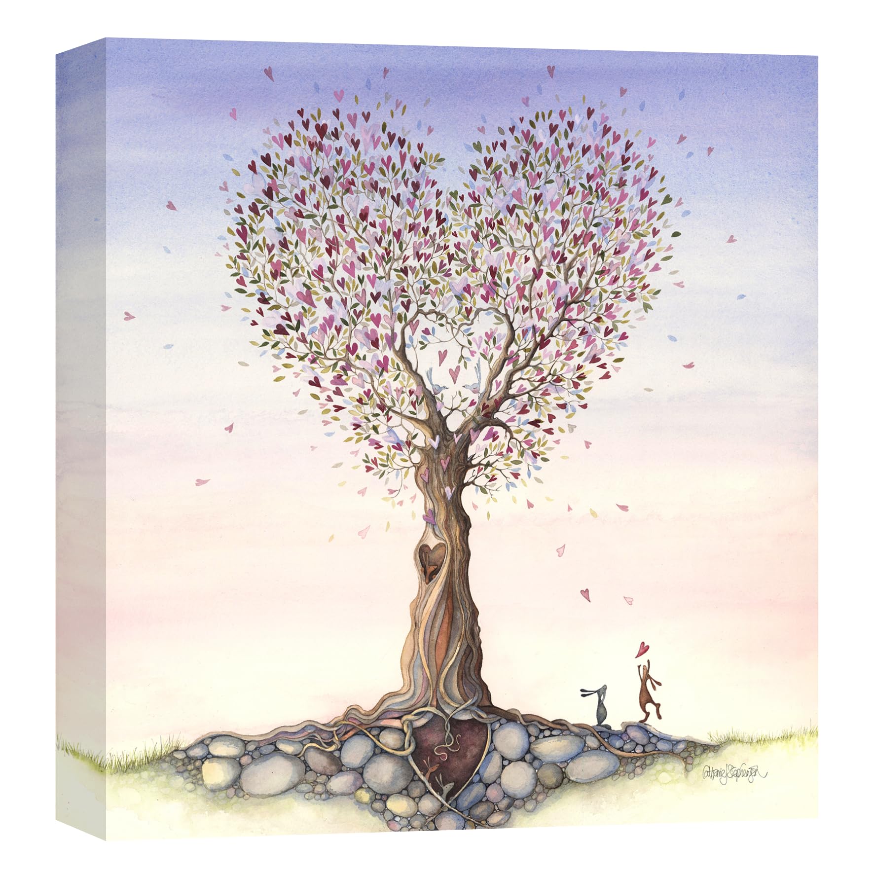 Artko Love Heart Tree and Rabbits Canvas Print Wall Art, 'Falling Hearts' Romantic Home Decor, Catherine Stephenson Artwork