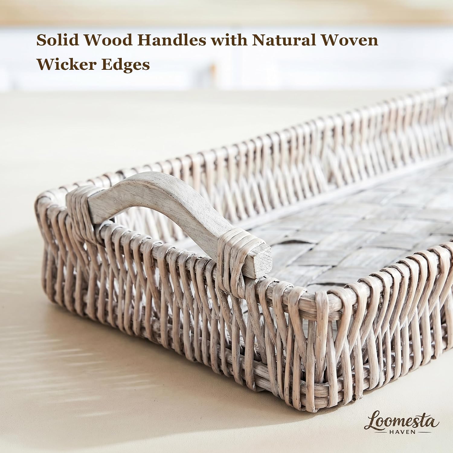 38" Extra Long Handwoven Decorative Tray with Wood Base and Handles | Handwoven tray with a sturdy wood base, ideal for dining tables, console tables and seasonal décor.